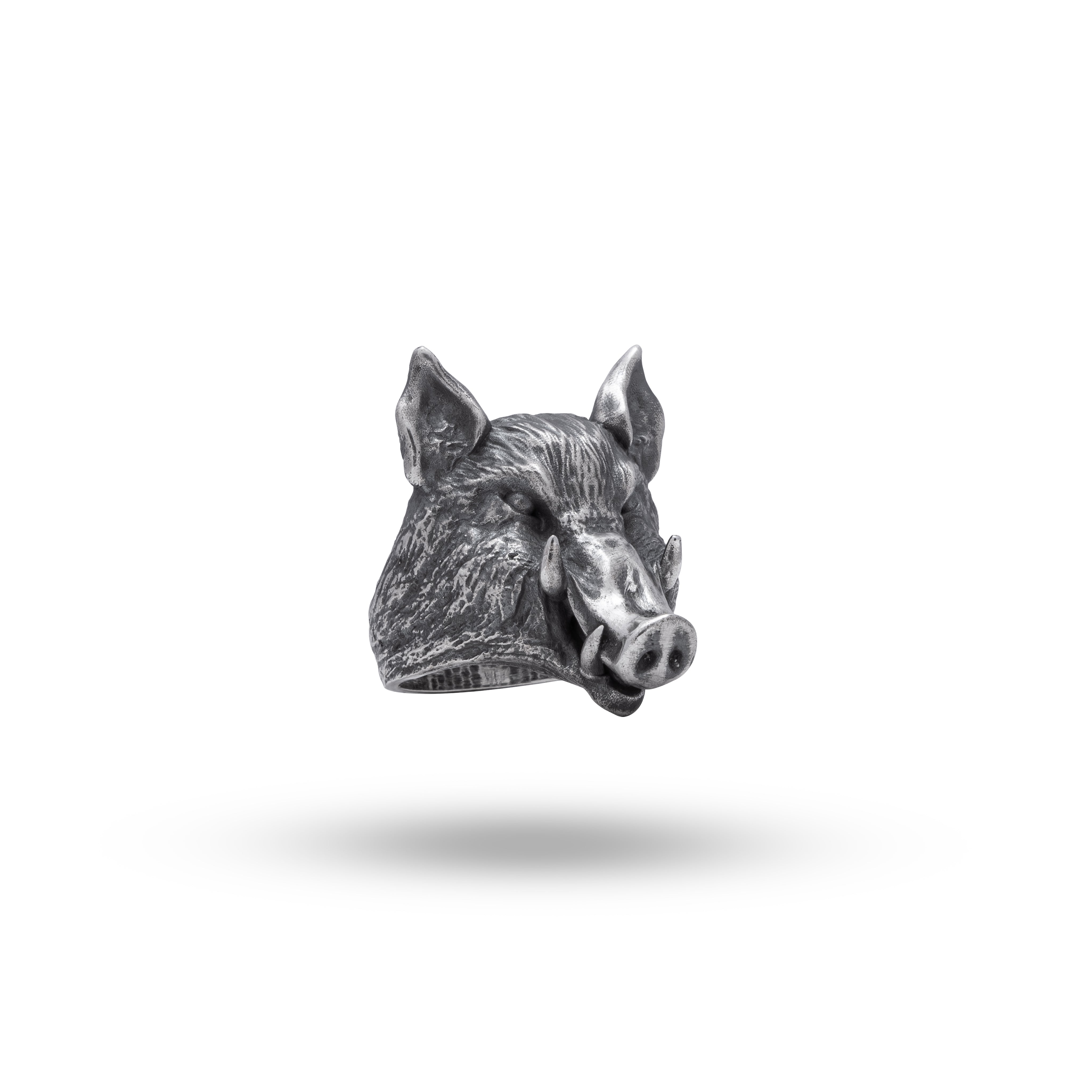 Front view of Wild Boar Pig 925 Sterling Silver ring with oxidized silver finish.