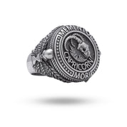Front view of Memento Mori Zodiac Skull Horned Capricorn Sign 925 Sterling Silver Ring showcasing intricate design.