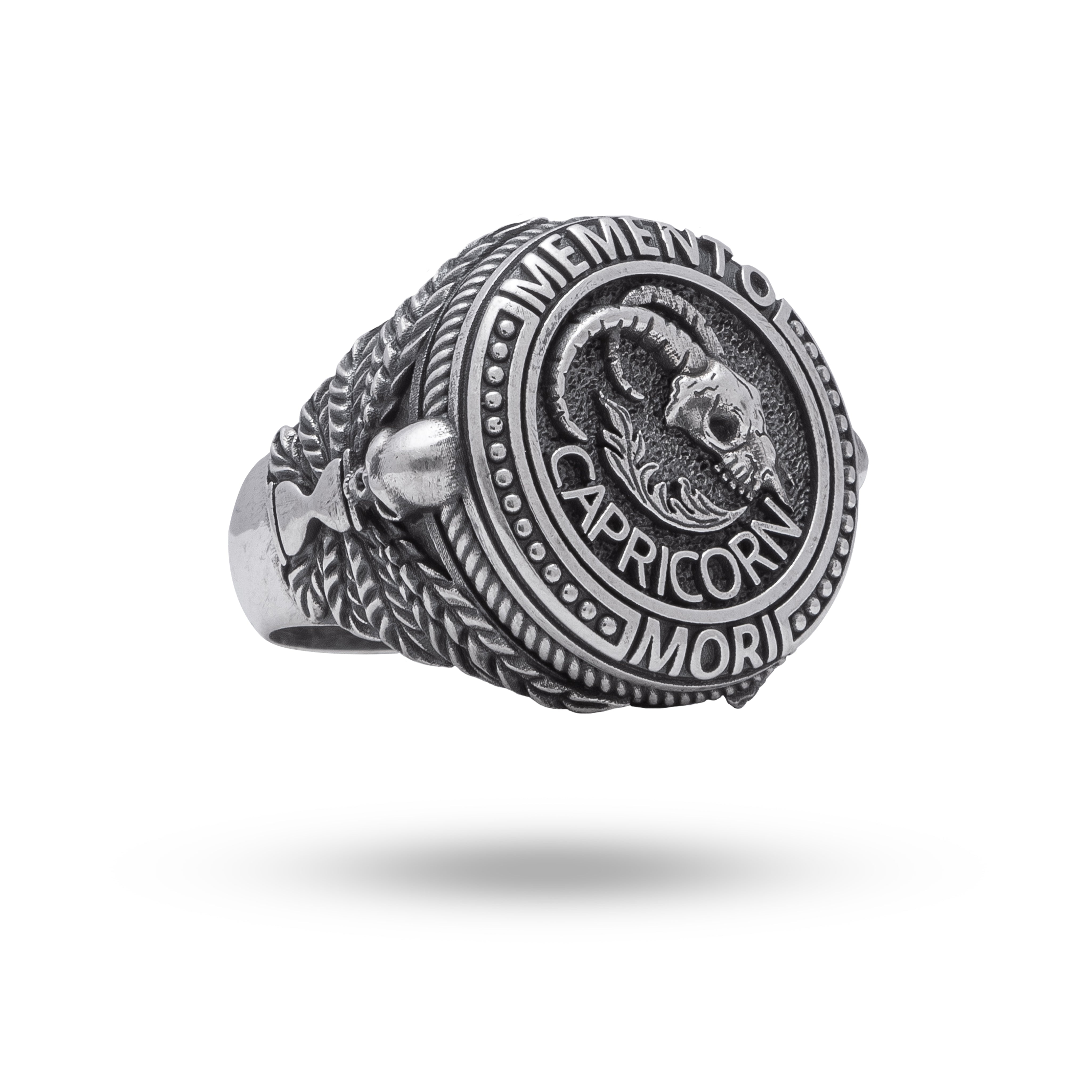 Front view of Memento Mori Zodiac Skull Horned Capricorn Sign 925 Sterling Silver Ring showcasing intricate design.
