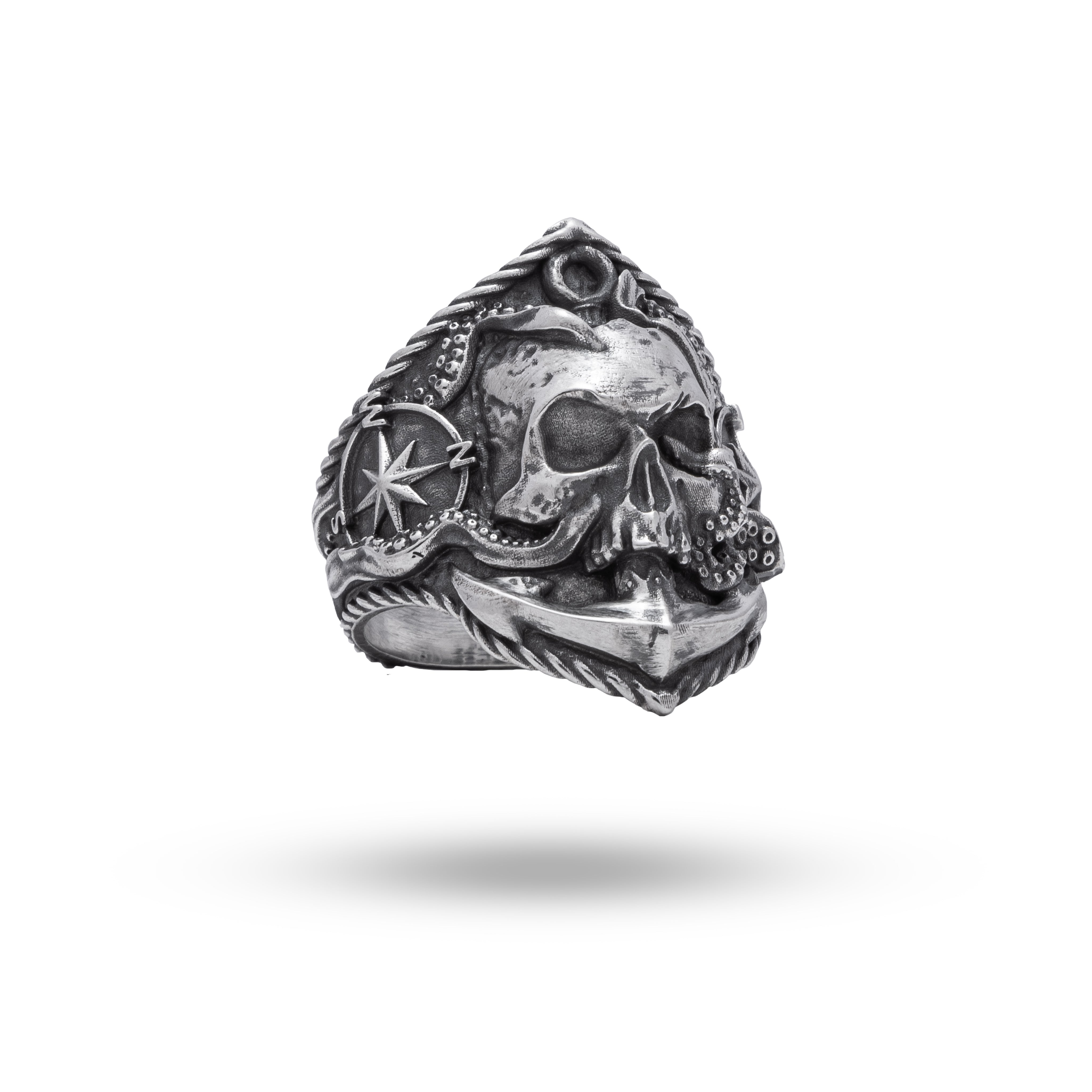 Front view of Compass Skull 925 Sterling Silver Ring showcasing its oxidized silver skull and compass design.