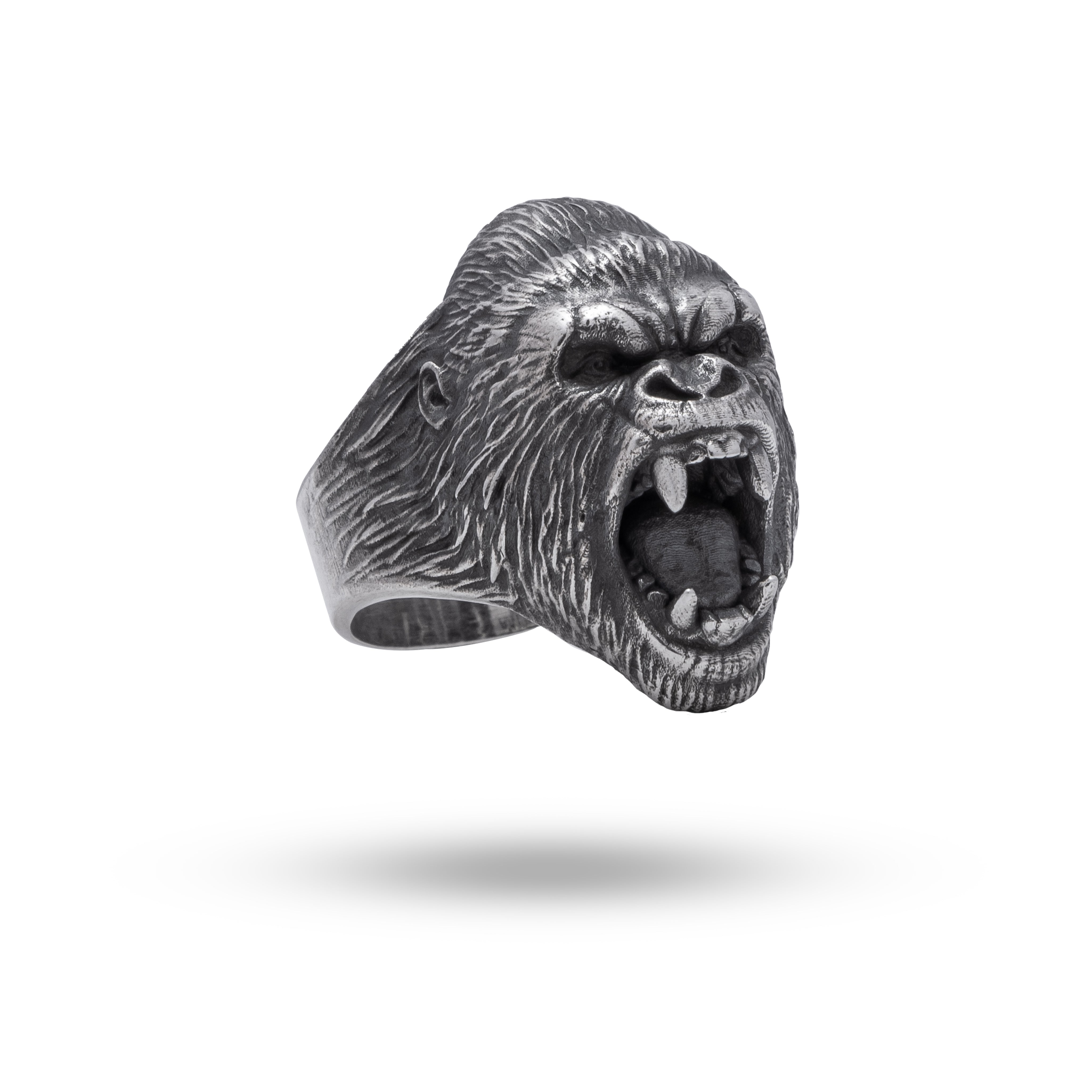 Roaring Gorilla Head Sterling Silver Ring with Oxidized Finish