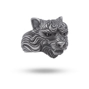 Front view of Angry Wolf Head 925 Sterling Silver Ring with oxidized finish.