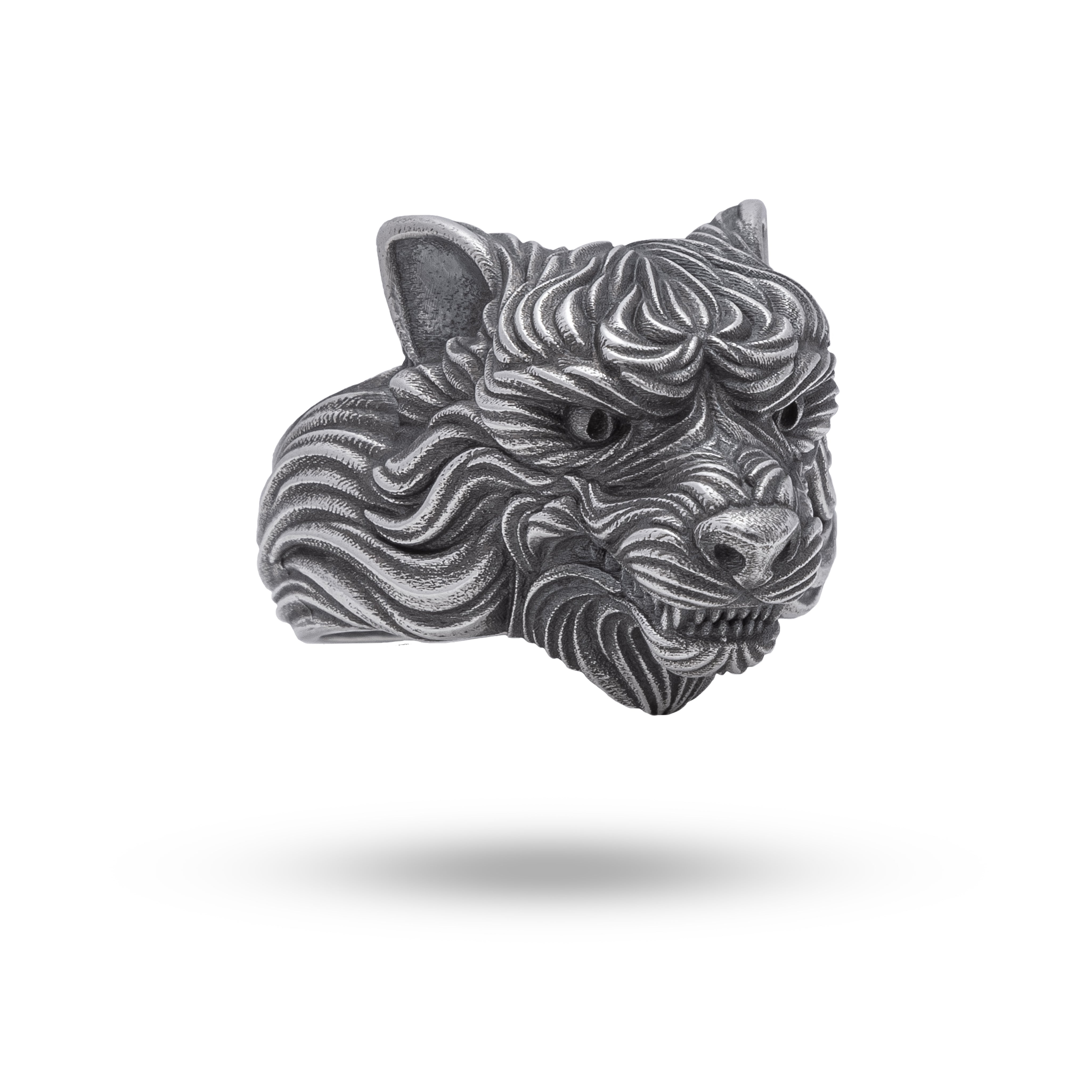 Front view of Angry Wolf Head 925 Sterling Silver Ring with oxidized finish.