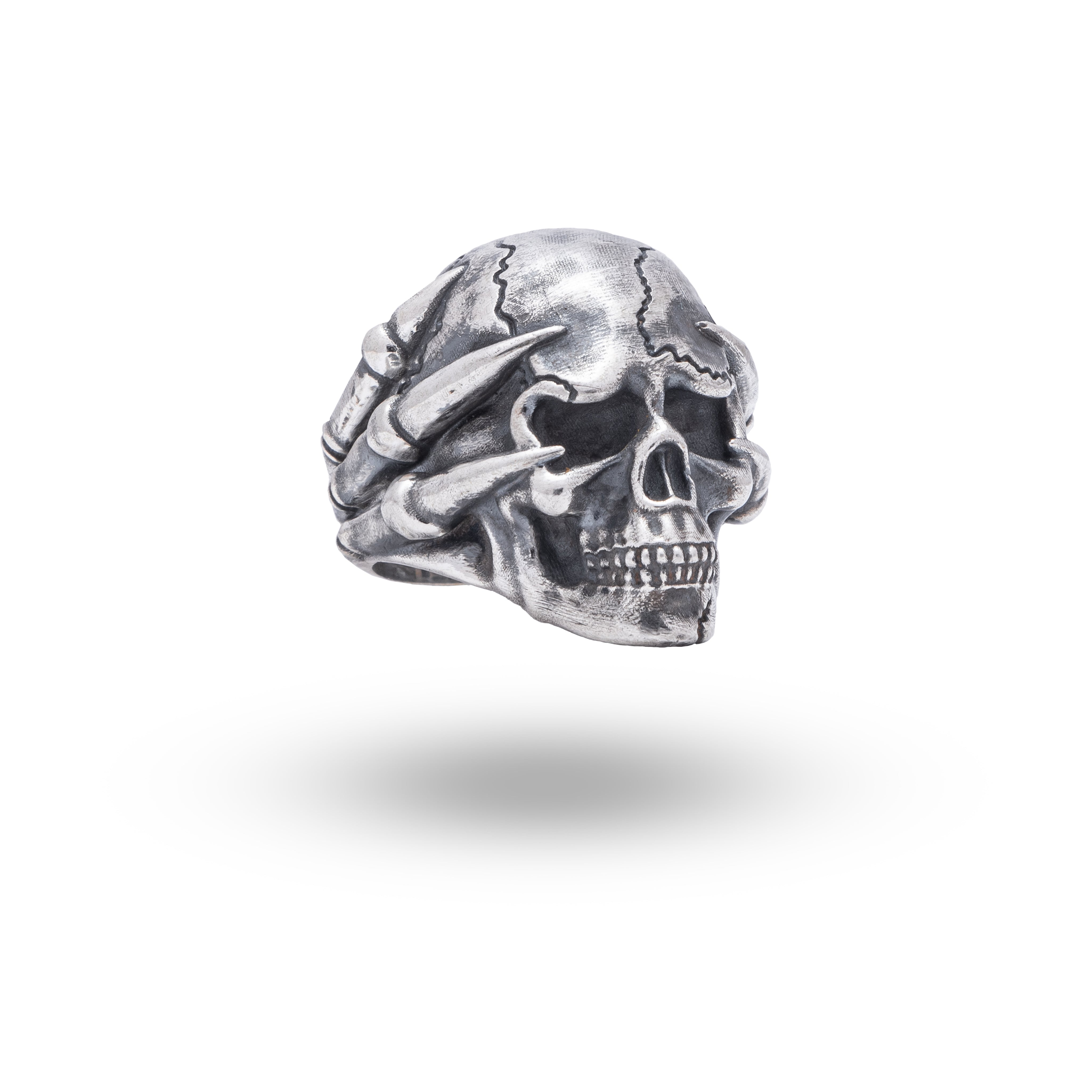 Sterling Silver Gothic Claw Skull Ring with oxidized finish from White Lion Jewels displaying gothic charm