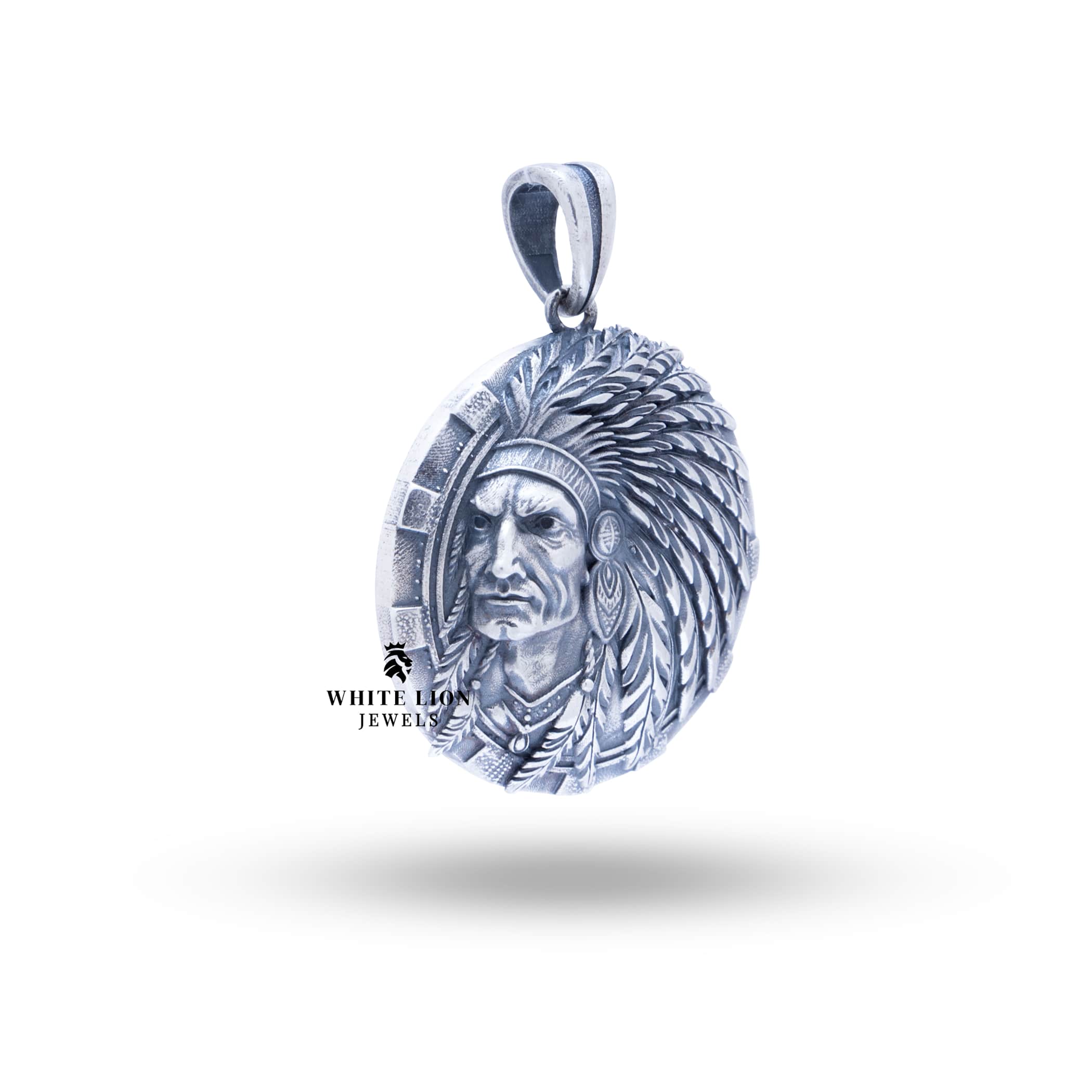 Side view of the American Indian 925 Sterling Silver pendant, showcasing its design depth and oxidized finish.