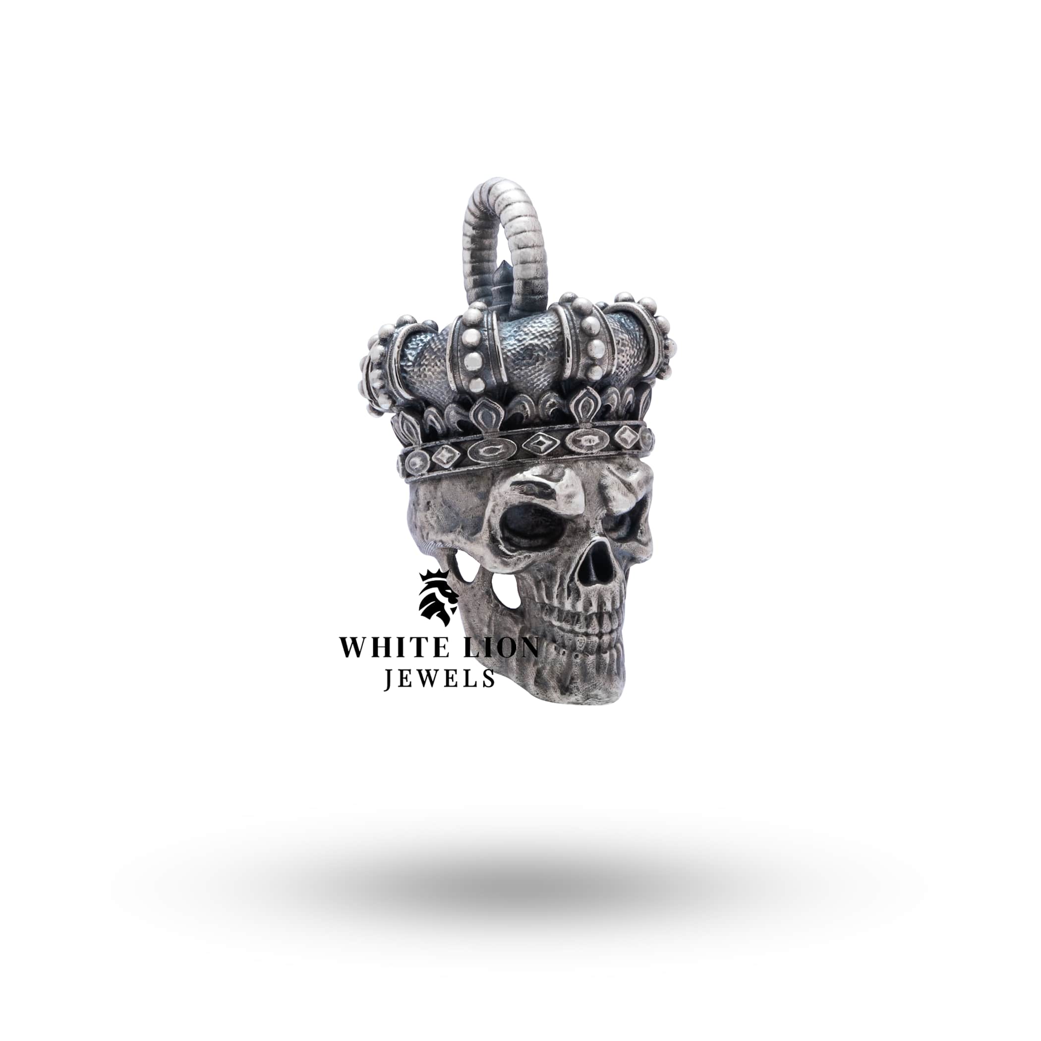 Detail View of King Crown Skull Pendant in Oxidized Silver