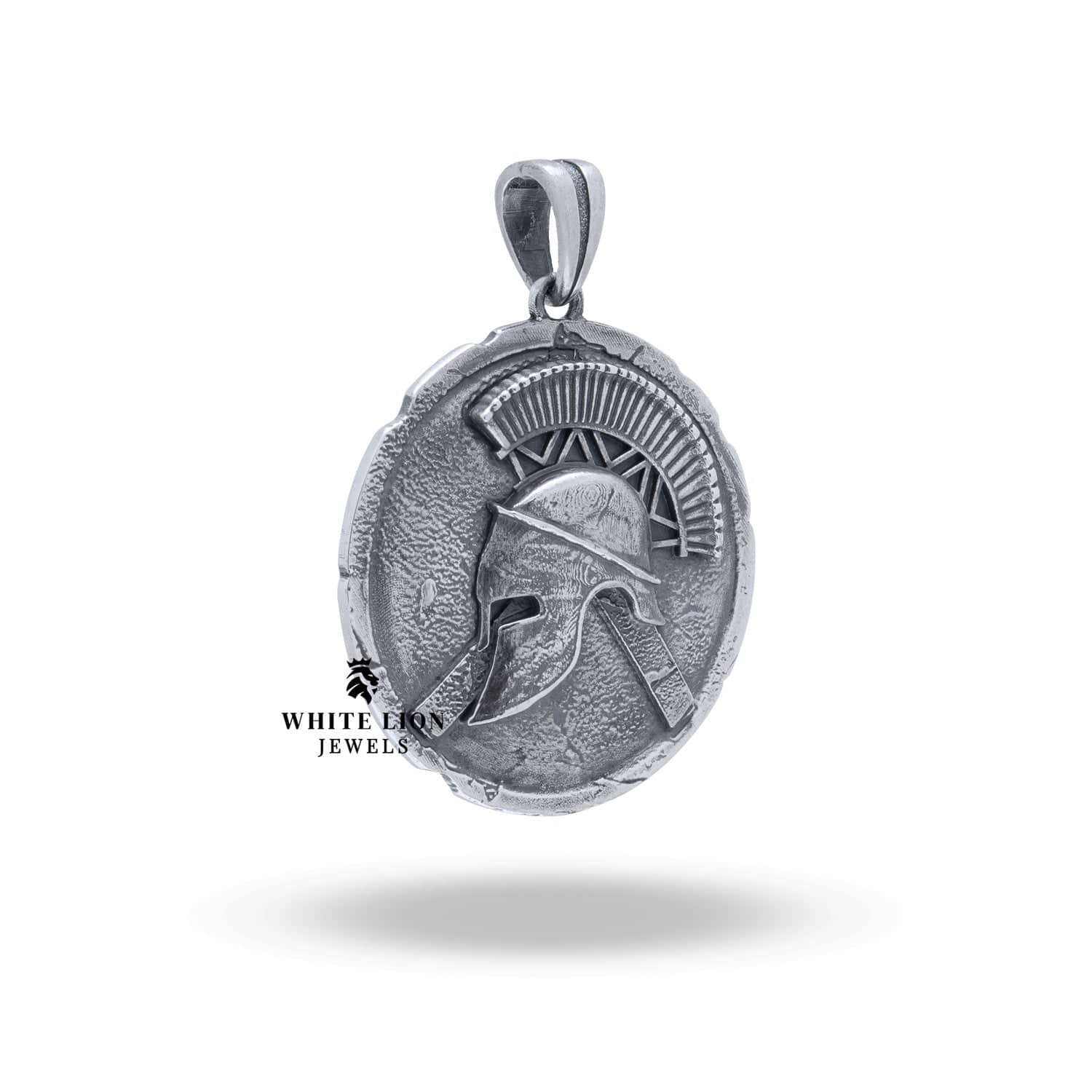 Close-up of Spartan Warrior Helmet Pendant in Sterling Silver with oxidized finish
