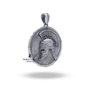 Close-up of Spartan Warrior Helmet Pendant in Sterling Silver with oxidized finish