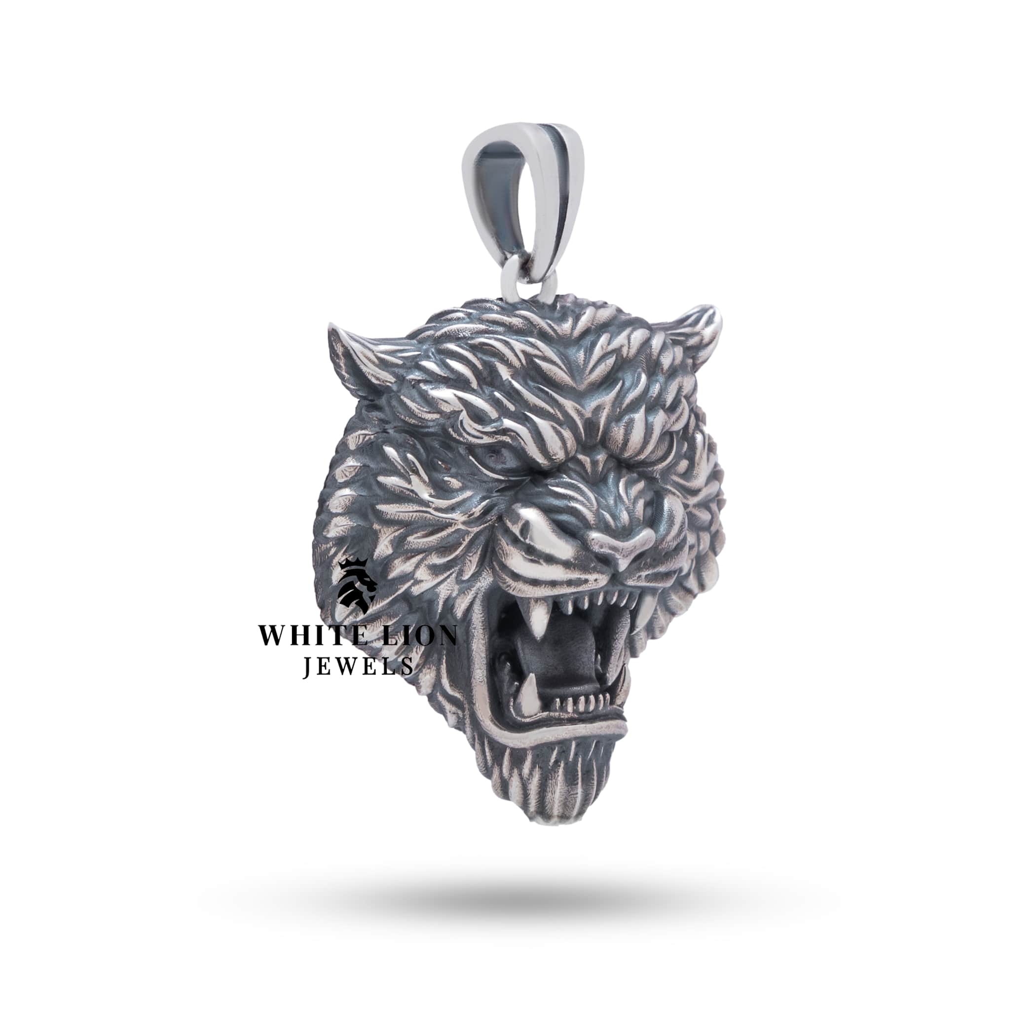 Side view of Tiger Jungle Animal pendant in 925 sterling silver with handcrafted details