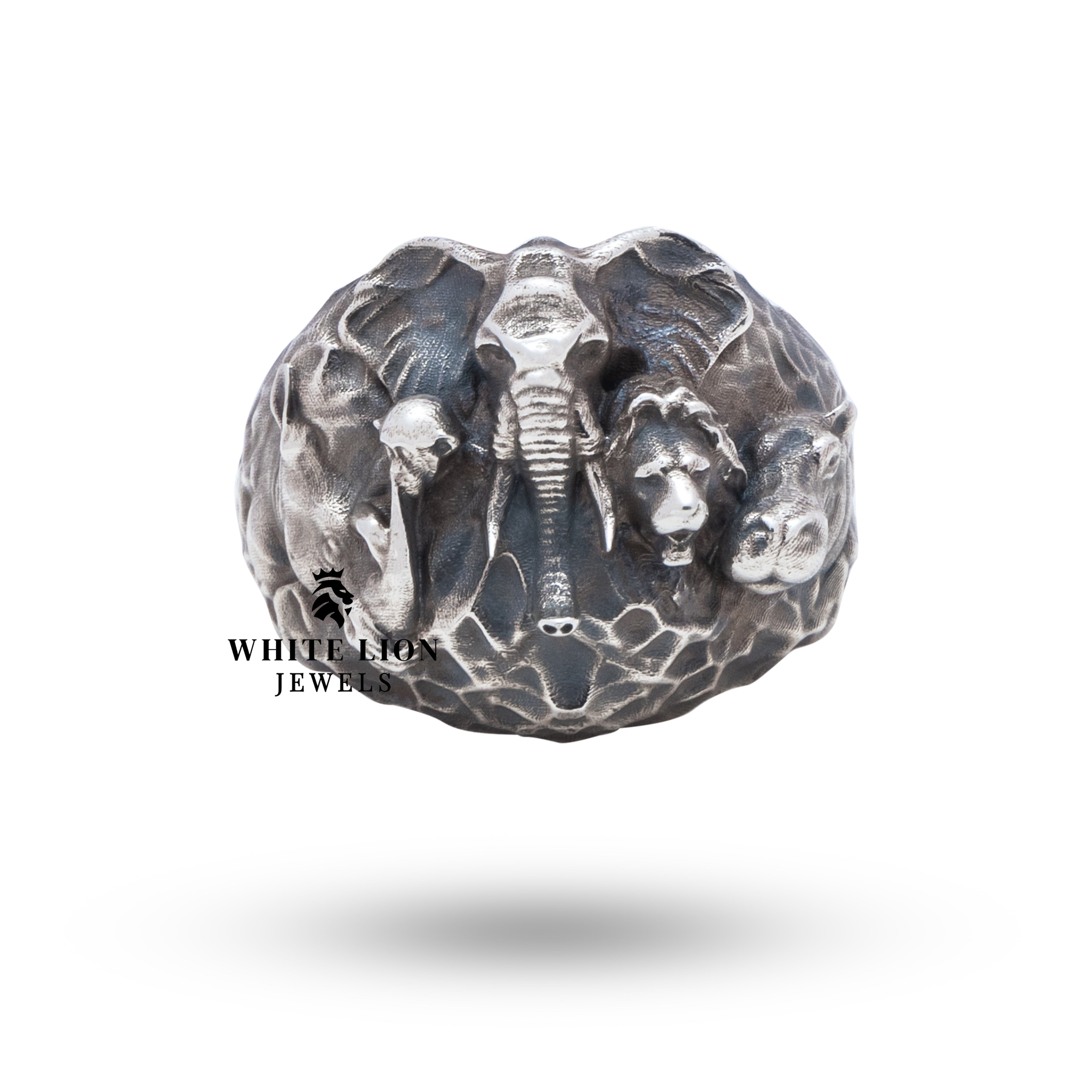 Jungle Safari Animals 925 Sterling Silver Ring displayed on a hand illustrating its wearable size and design.