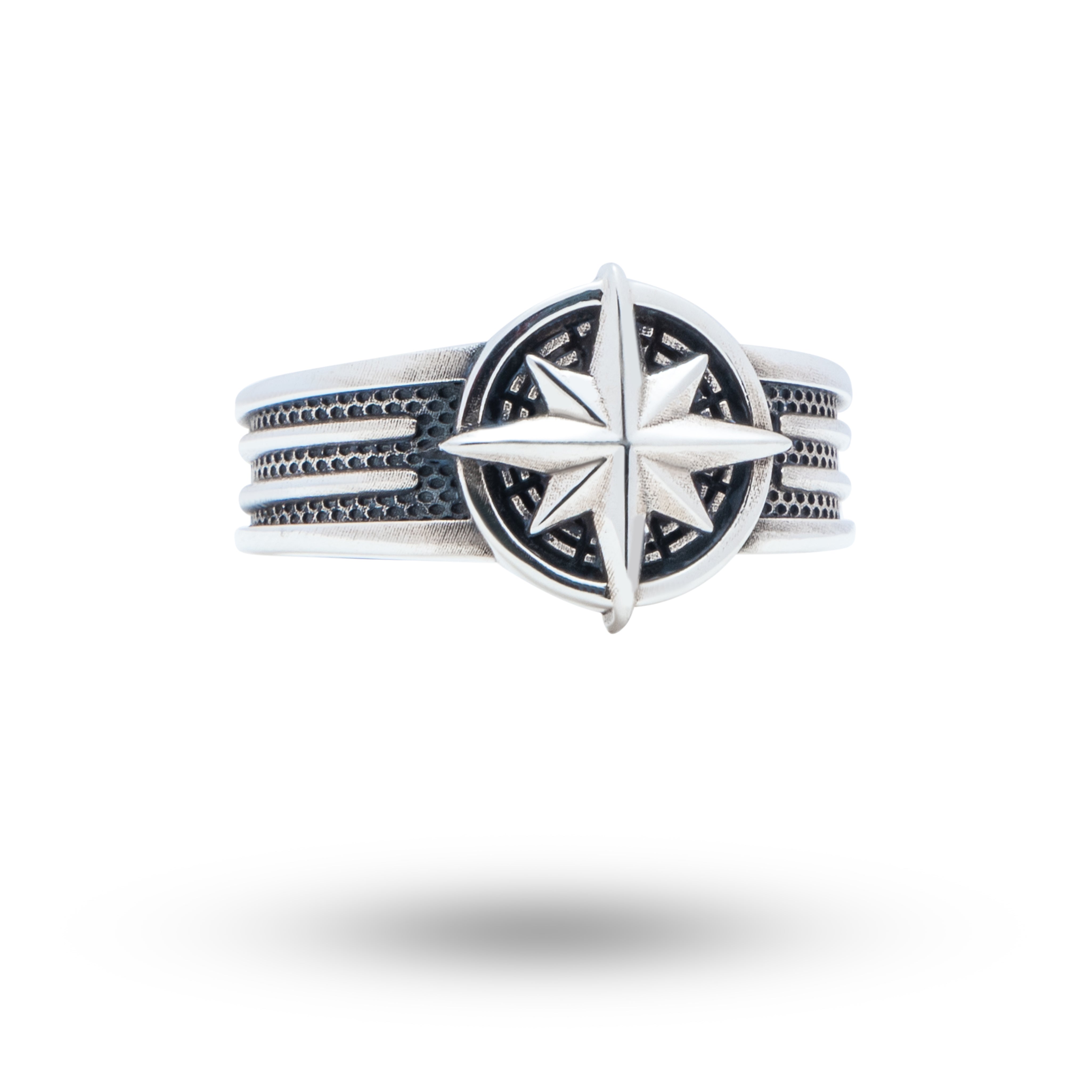 Front view of Wind Rose 925 Sterling Silver Ring with intricate oxidized design
