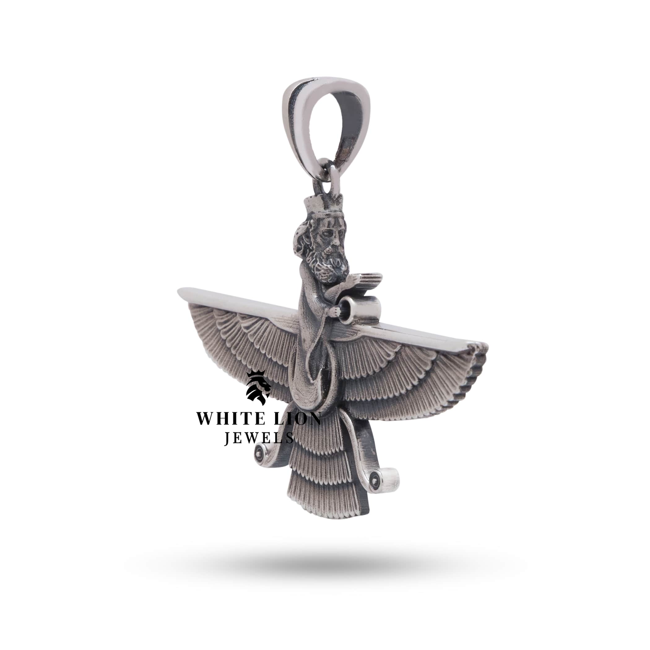 Side view of the Faravahar Zoroastrian Silver Pendant showcasing detailed craftsmanship in oxidized finish