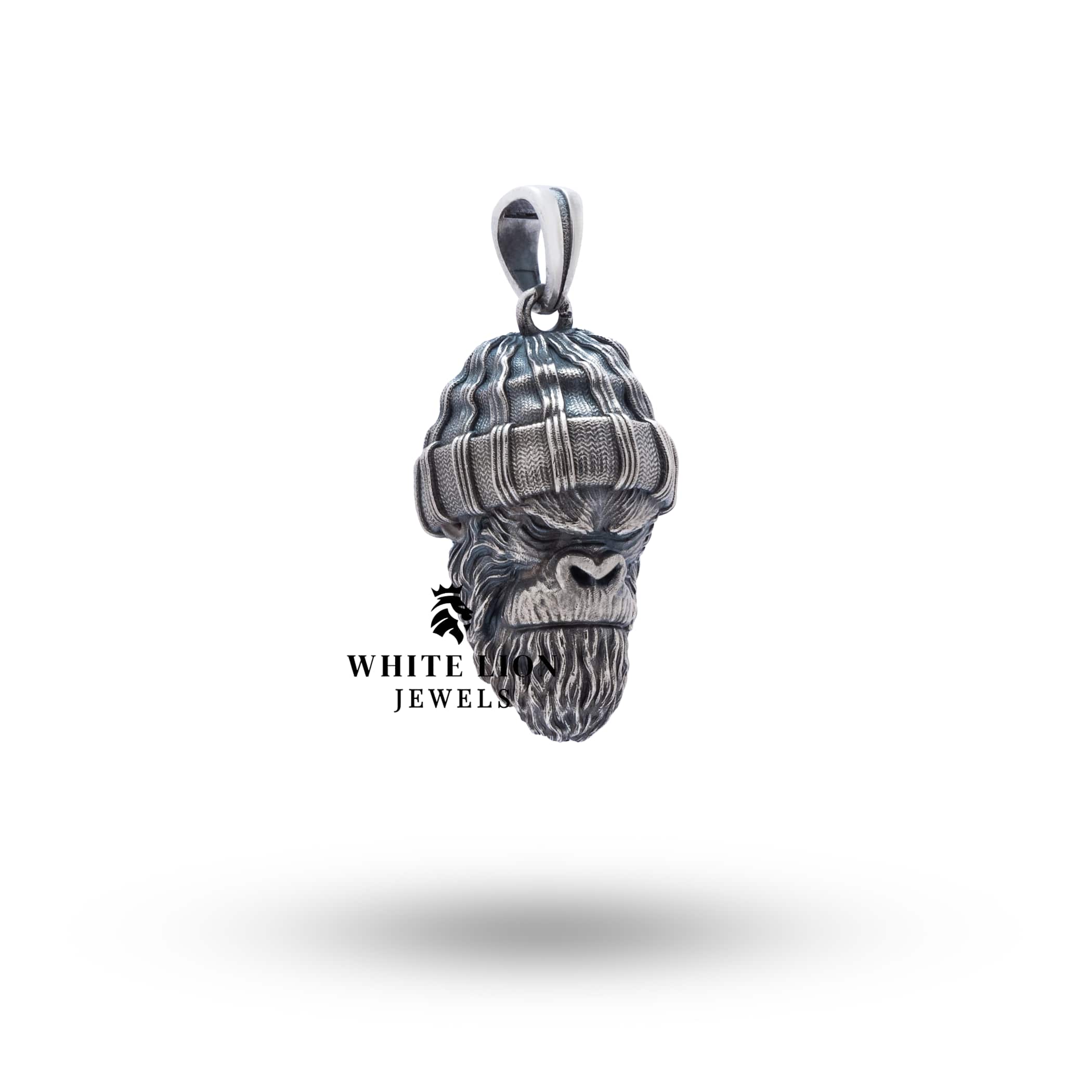 Angle view of Gangster Monkey 925 Sterling Silver Pendant highlighting its intricate detailing