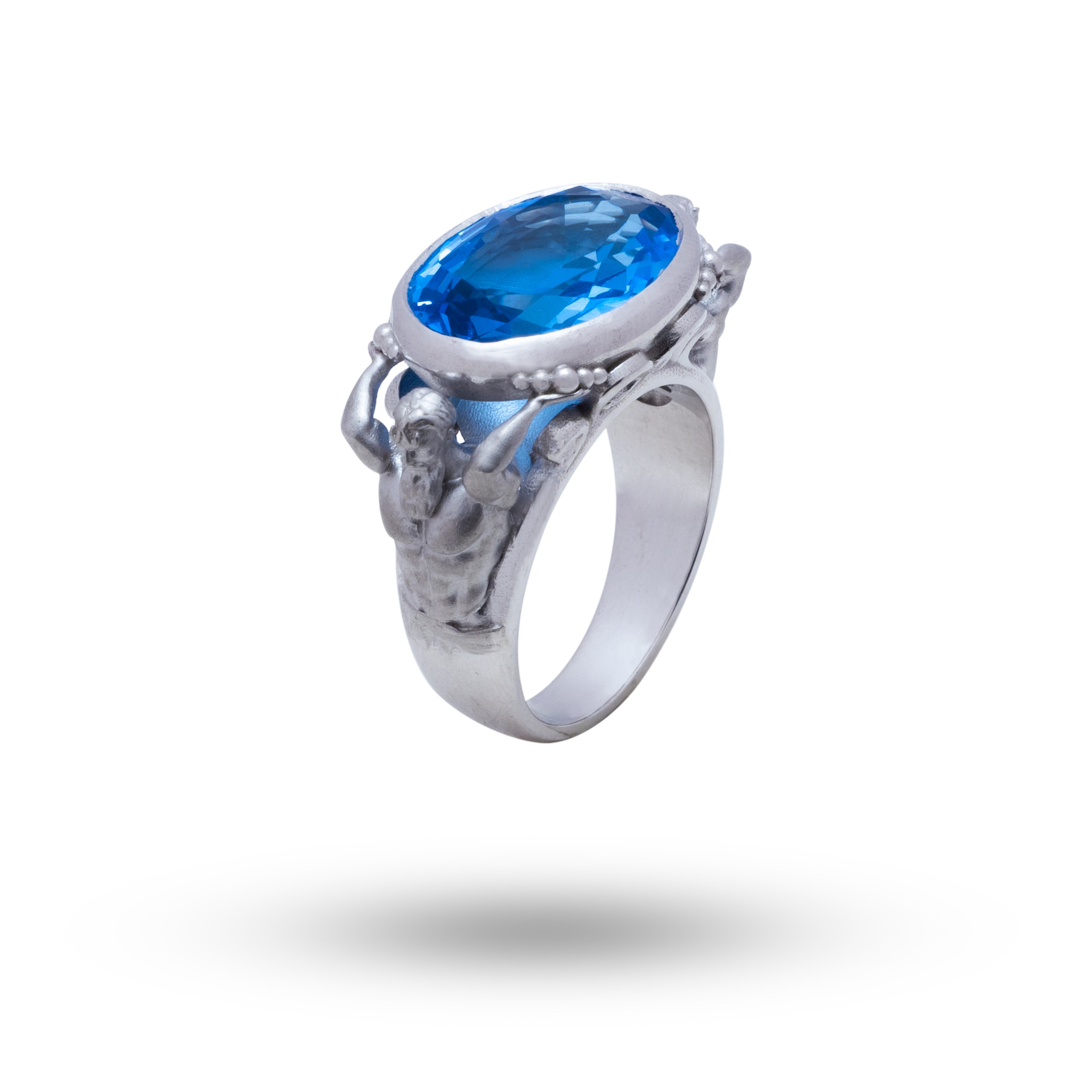 Front view of Poseidon God 925 Sterling Silver Ring with synthetic stone.