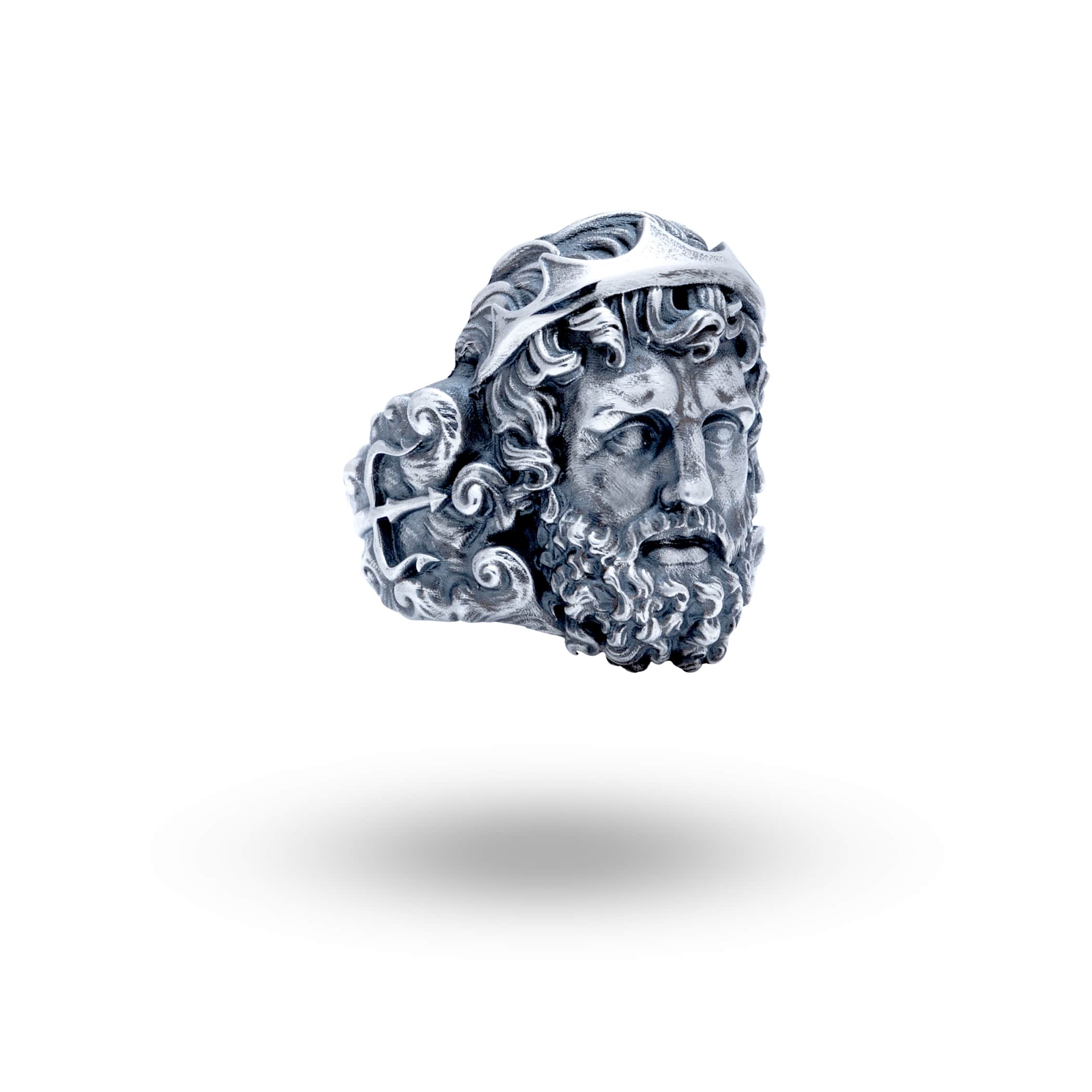 Front view of Greek God Sea Poseidon Trident Sterling Silver Ring with detailed trident and beard design