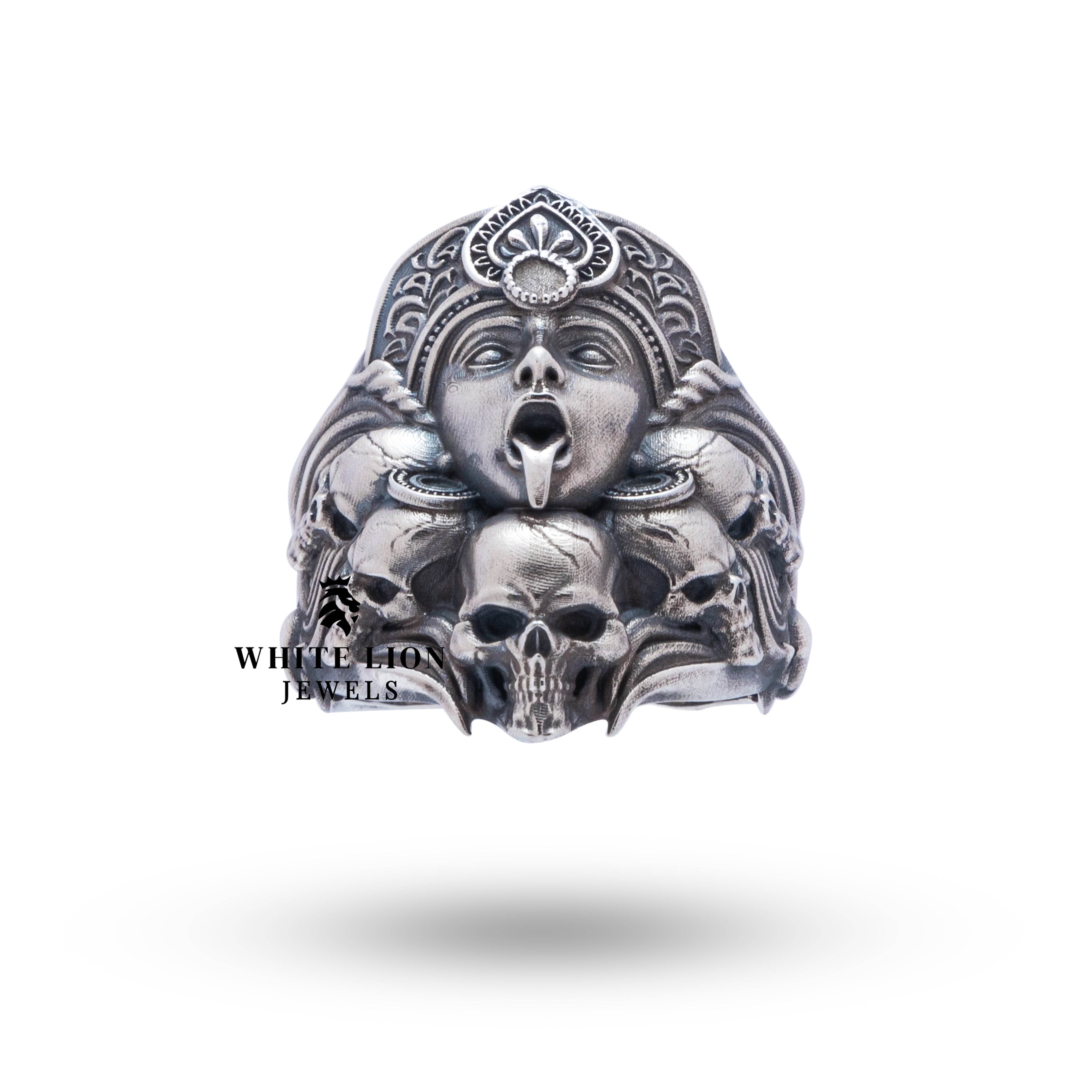 Side view of the Kali Skulls Gothic 925 Sterling Silver Ring highlighting the detailed craftsmanship and oxidized finish.