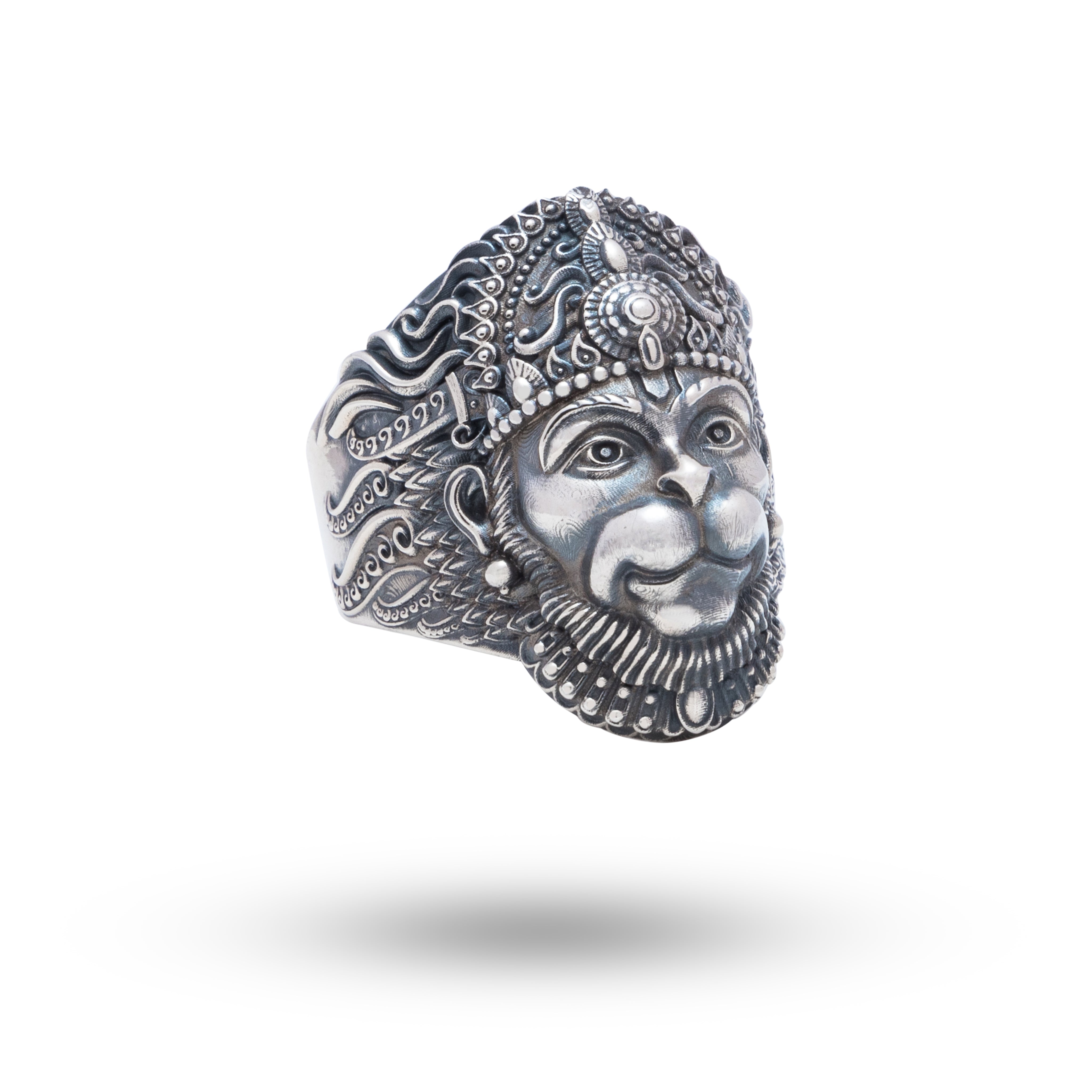 Front view of Hanuman 925 Sterling Silver Ring with oxidized finish by White Lion Jewels.