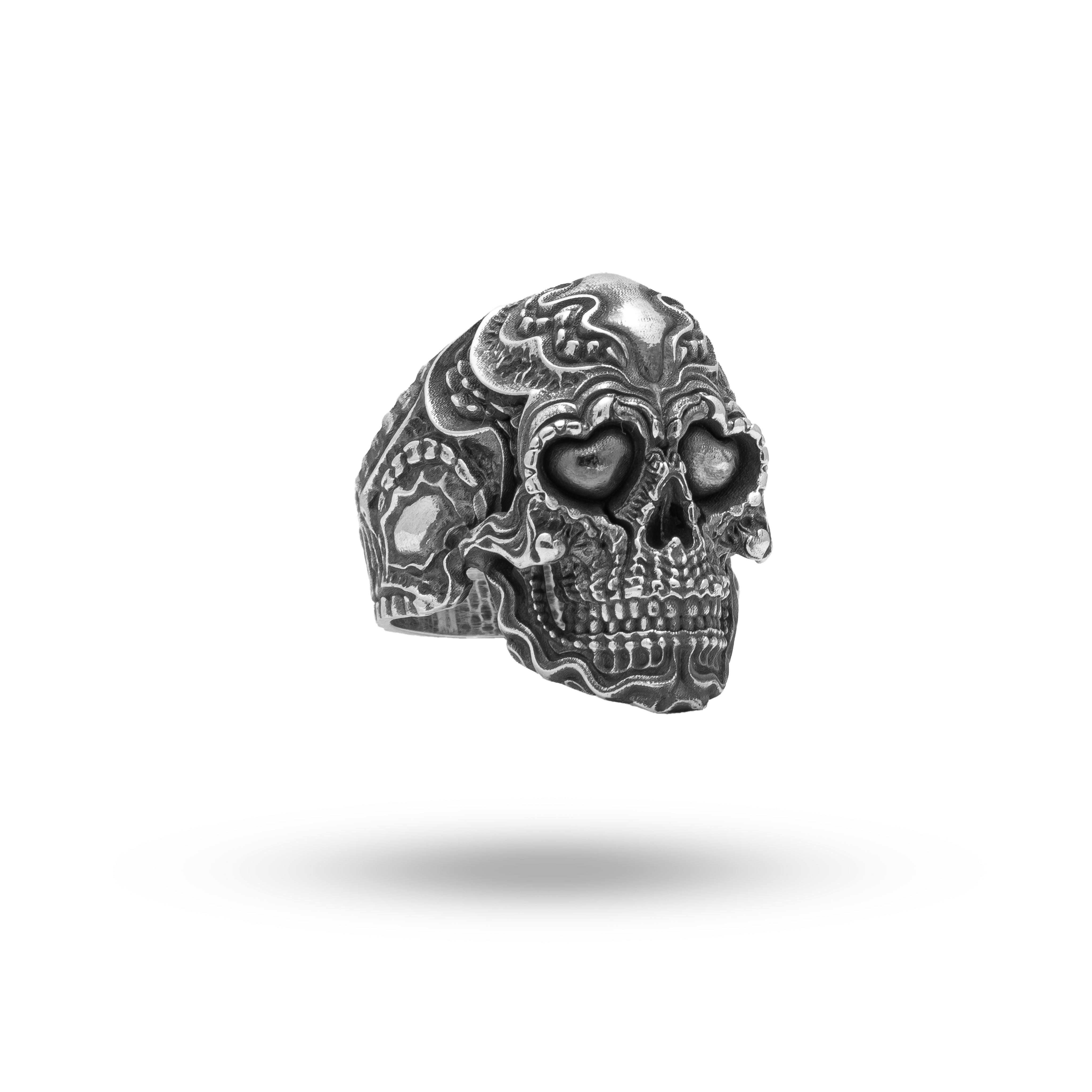 Front view of Biomechanical Gothic Skull of Love Heart 925 Sterling Silver Ring with oxidized finish