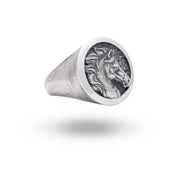 Horse Head 925 Sterling Silver Ring by White Lion Jewels showcasing detailed craftsmanship and oxidized silver finish.