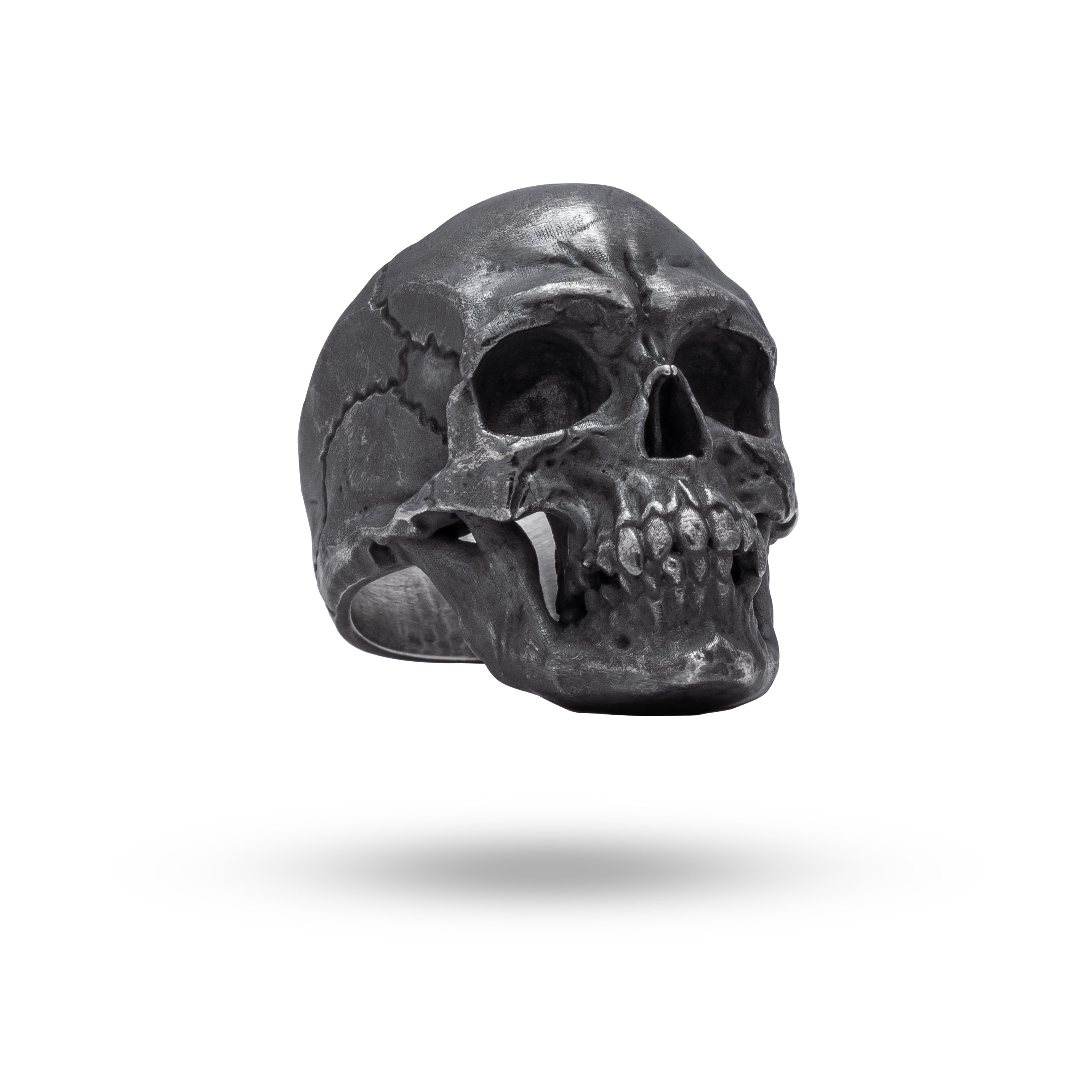 Side view of Closed Jaw Gothic Crack Skull Ring in oxidized 925 sterling silver, showing intricate skull design.