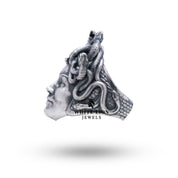 Close-up of Medusa 925 Sterling Silver Ring detailing, emphasizing the oxidized silver texture.
