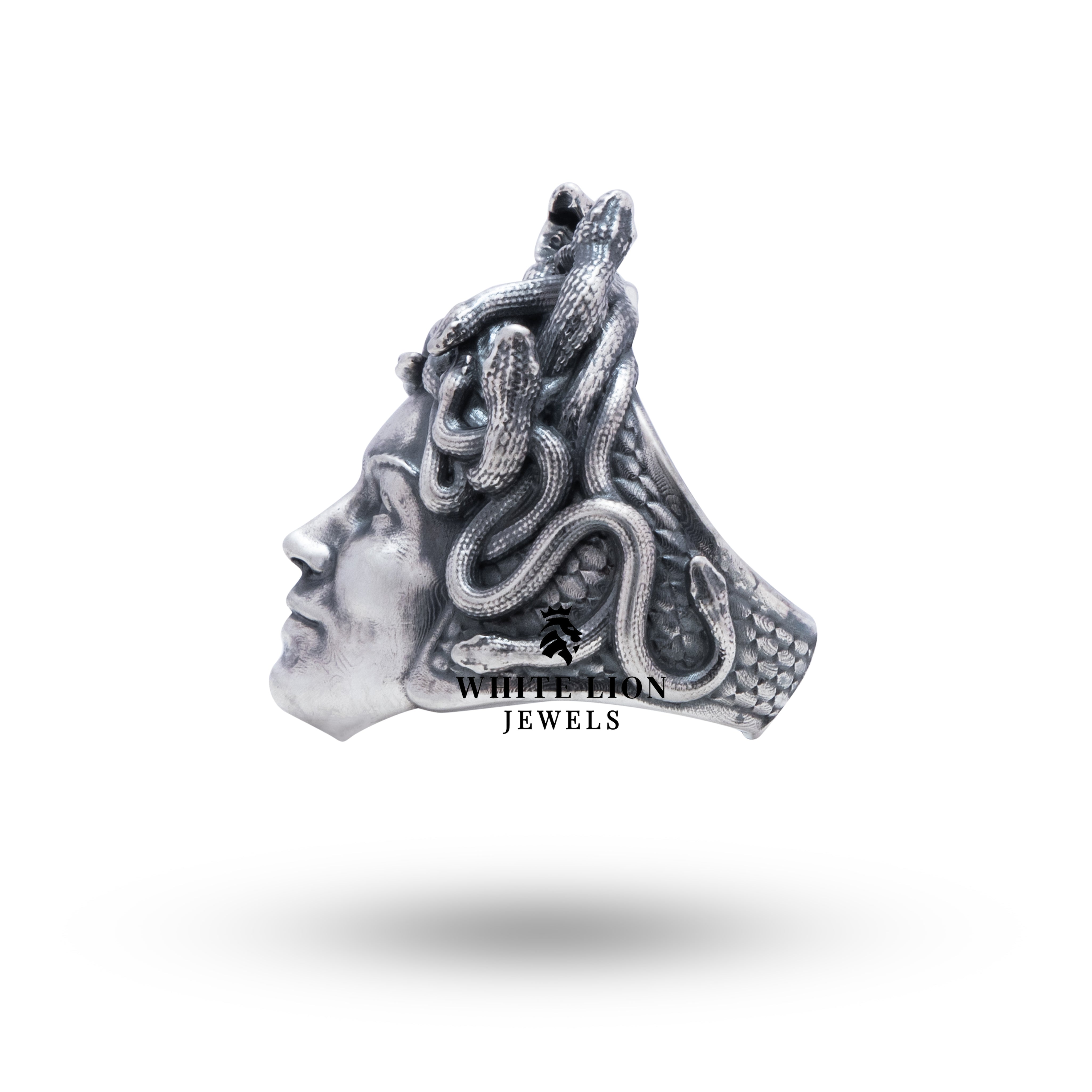 Close-up of Medusa 925 Sterling Silver Ring detailing, emphasizing the oxidized silver texture.