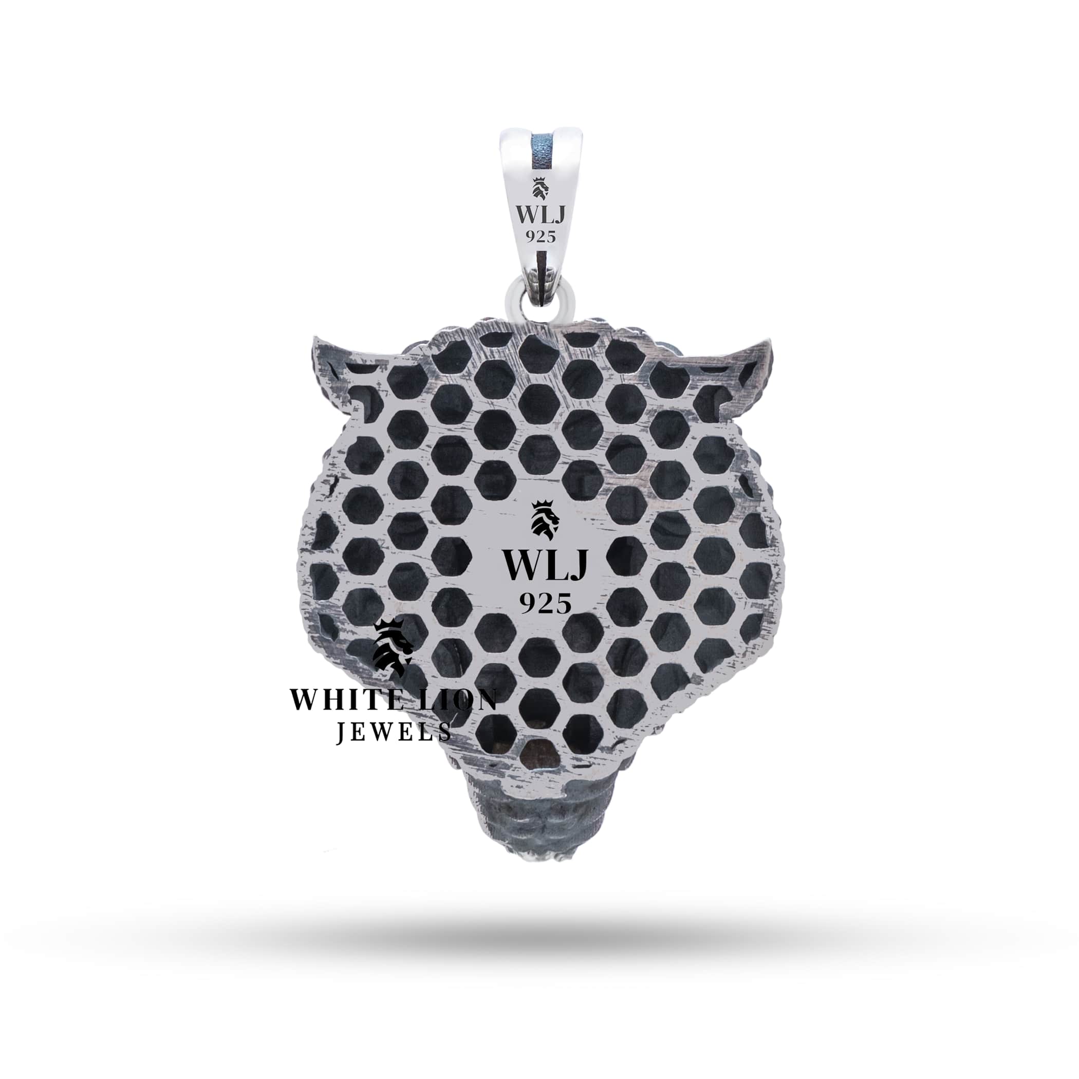 Front view of Tiger Jungle Animal pendant, emphasizing luxury silver craftsmanship