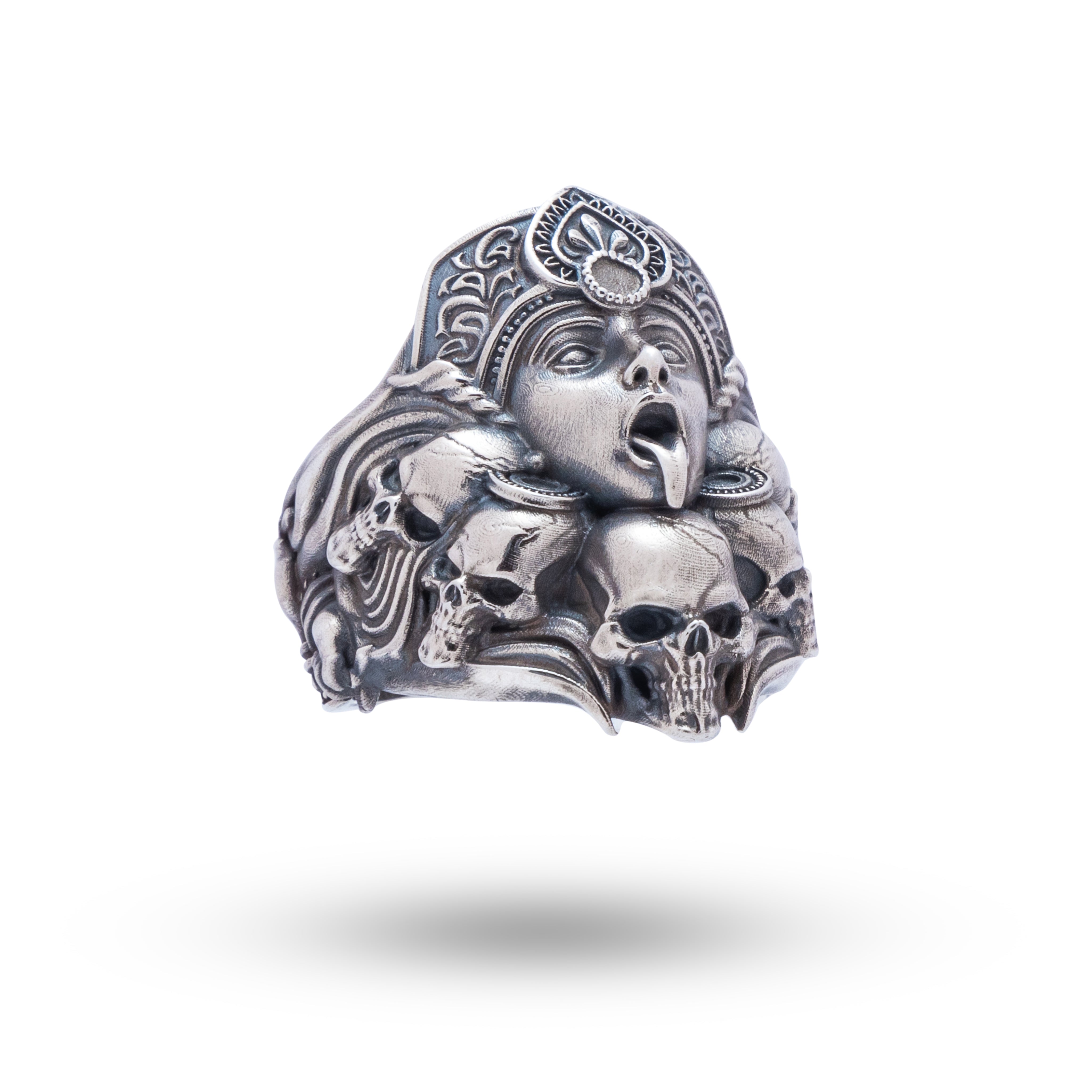 Kali Skulls Gothic 925 Sterling Silver Ring front view showcasing the intricate skull design, perfect for gothic fashion enthusiasts.