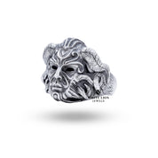 Detailed close-up of the Supernatural Cruel Demon ring design, highlighting the expert craftsmanship in sterling silver.