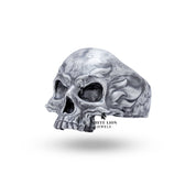 Detail shot of 925 Sterling Silver Flames Skull ring showing unique oxidization