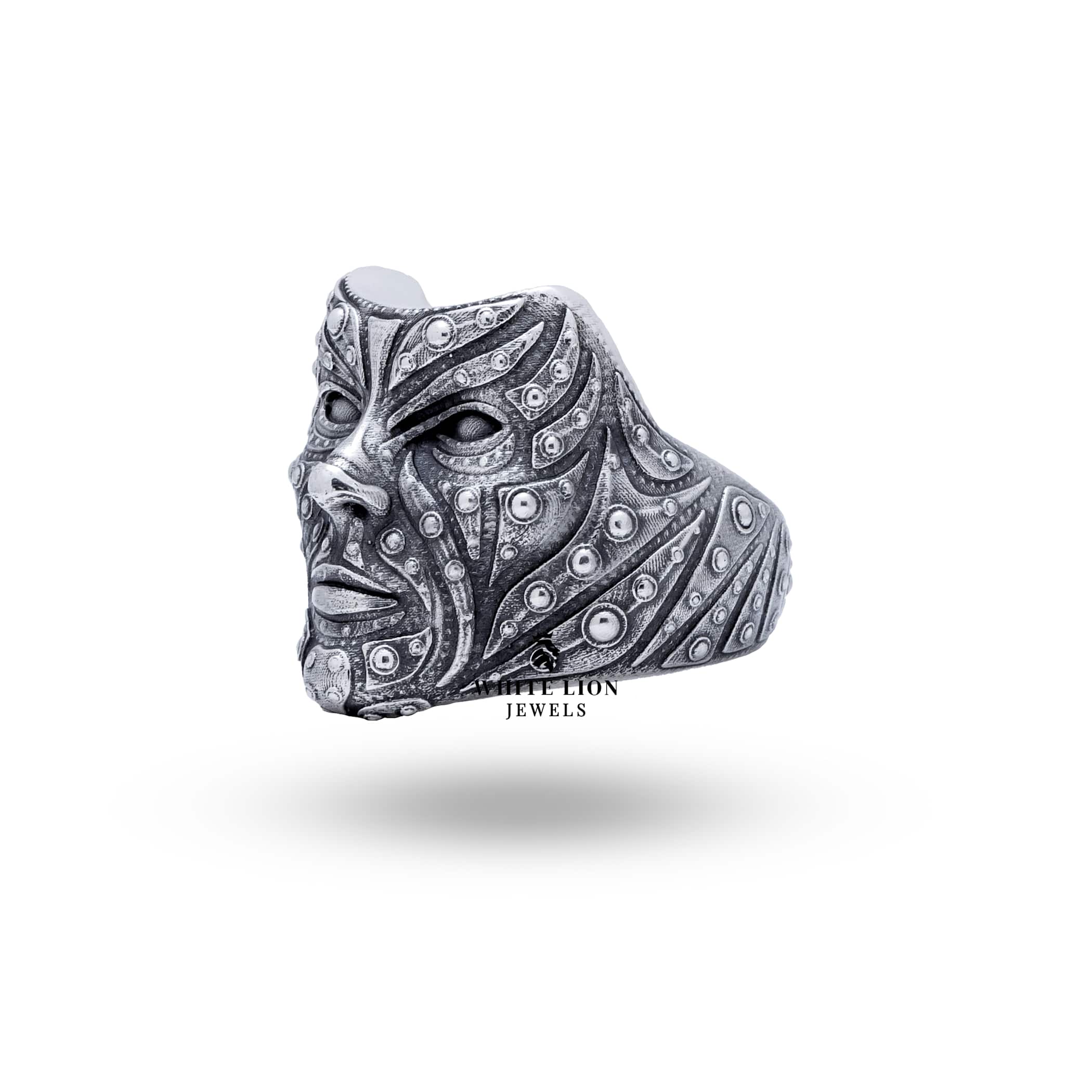 Angled view of Bob Face 925 Sterling Silver Ring emphasizing the oxidized finish and detail.