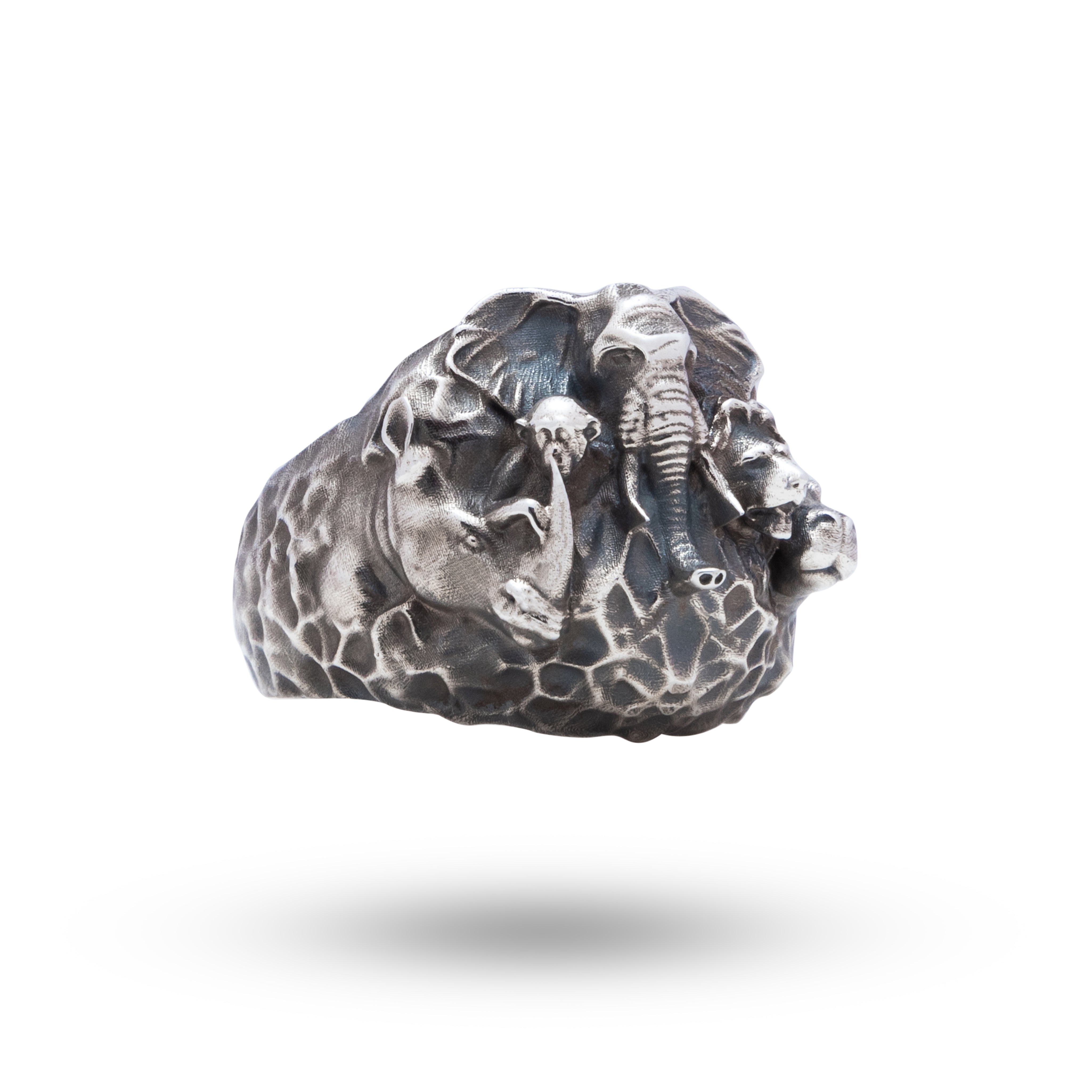 Side view of Jungle Safari Animals 925 Sterling Silver Ring showcasing intricate animal engravings.