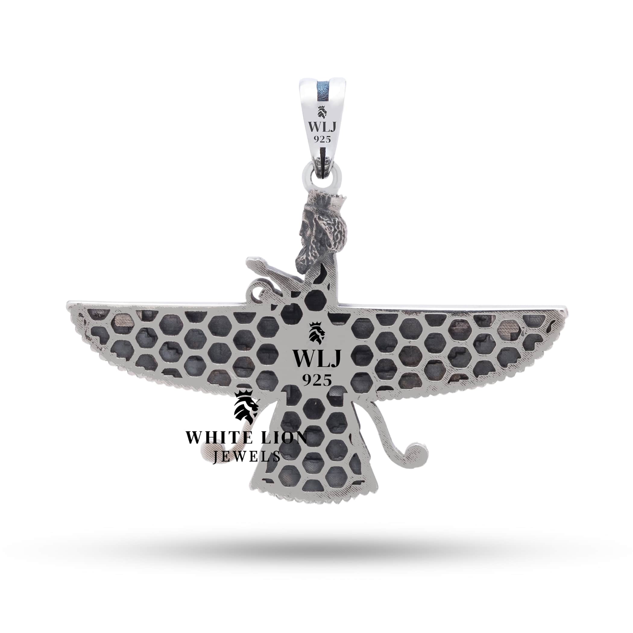 Faravahar Silver Pendant displayed elegantly, highlighting its 4.8 cm diameter and intricate design