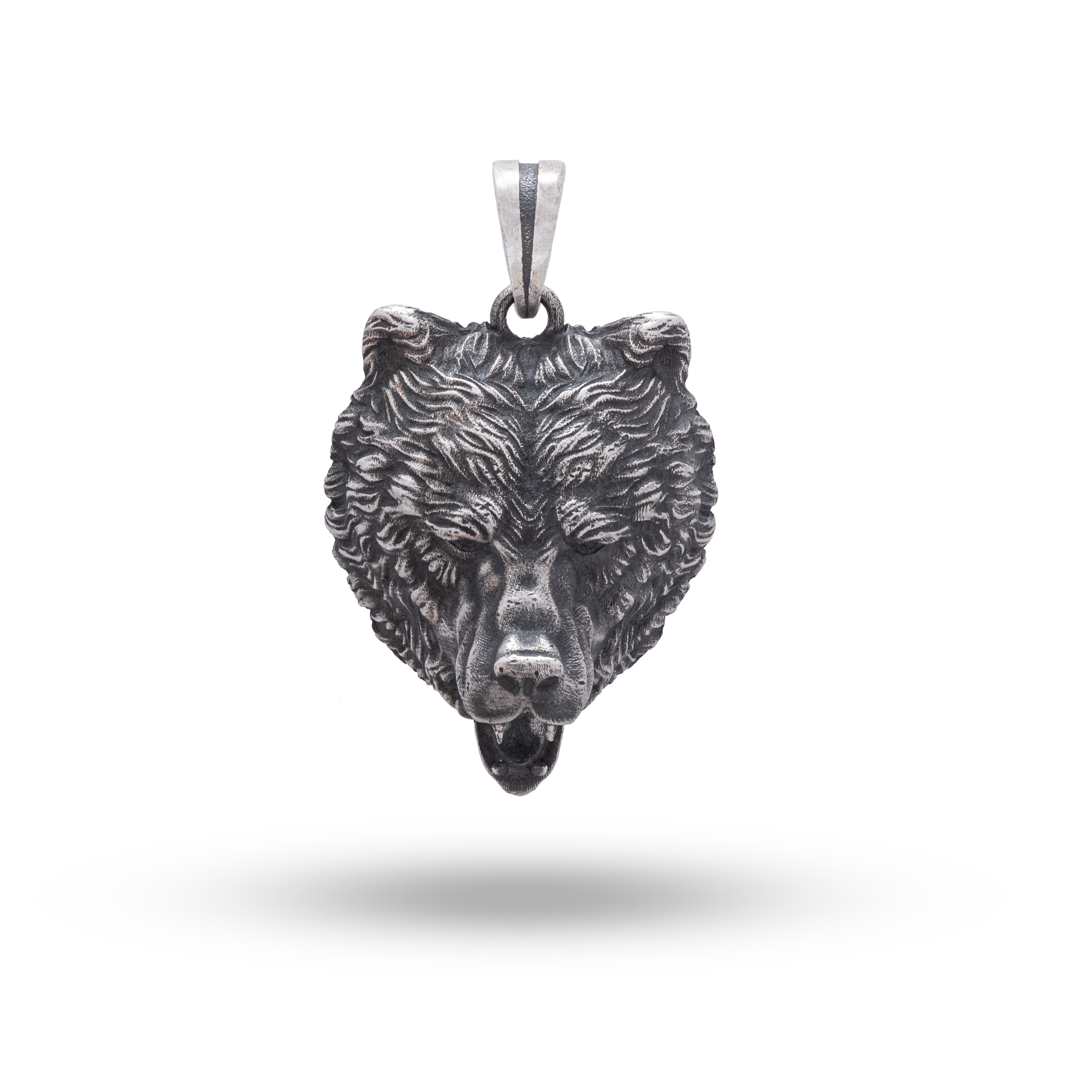 Front view of 925 Sterling Silver Wild Roaring Bear Pendant with oxidized finish.