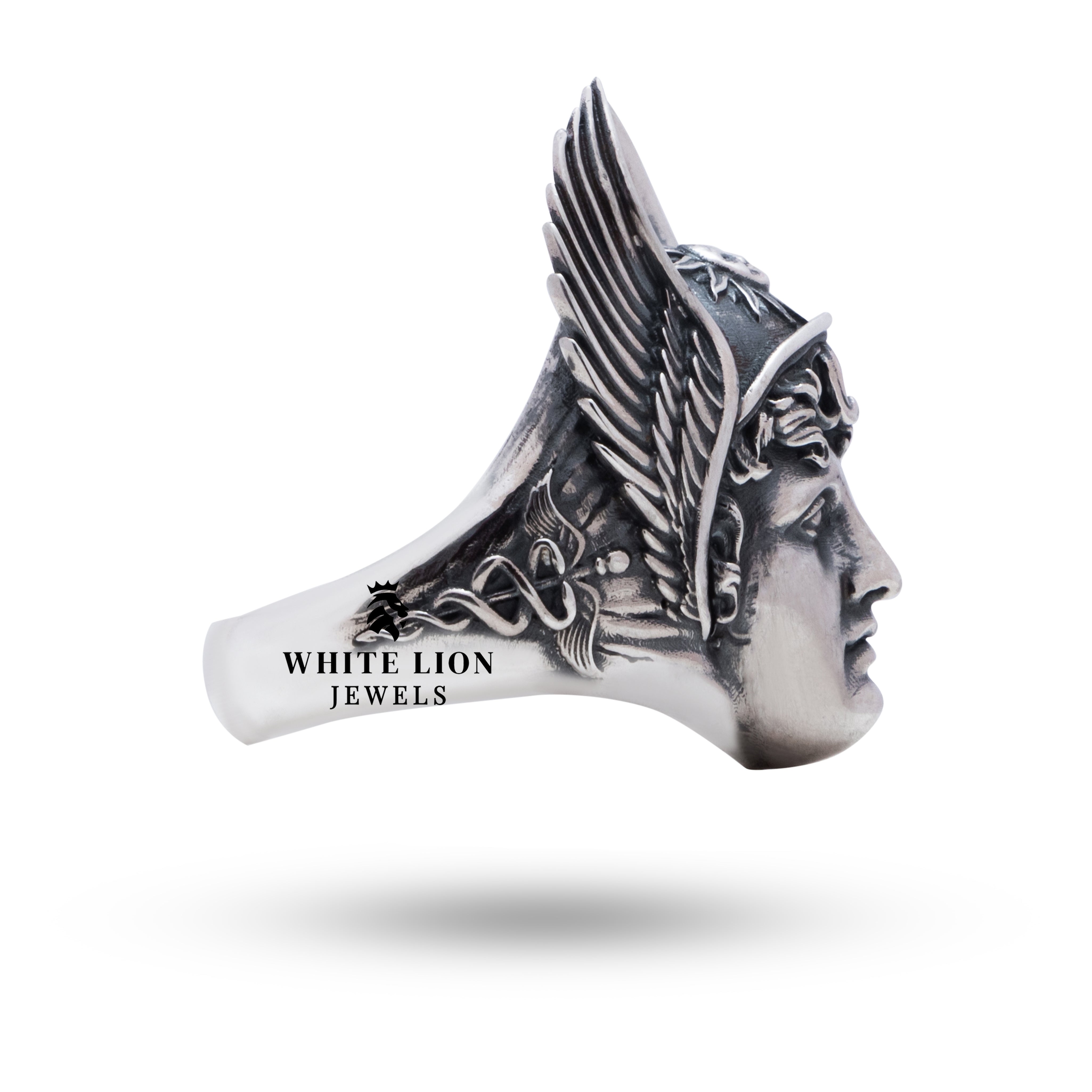 Front view of Hermes 925 Sterling Silver Ring, highlighting elegant design by White Lion Jewels.
