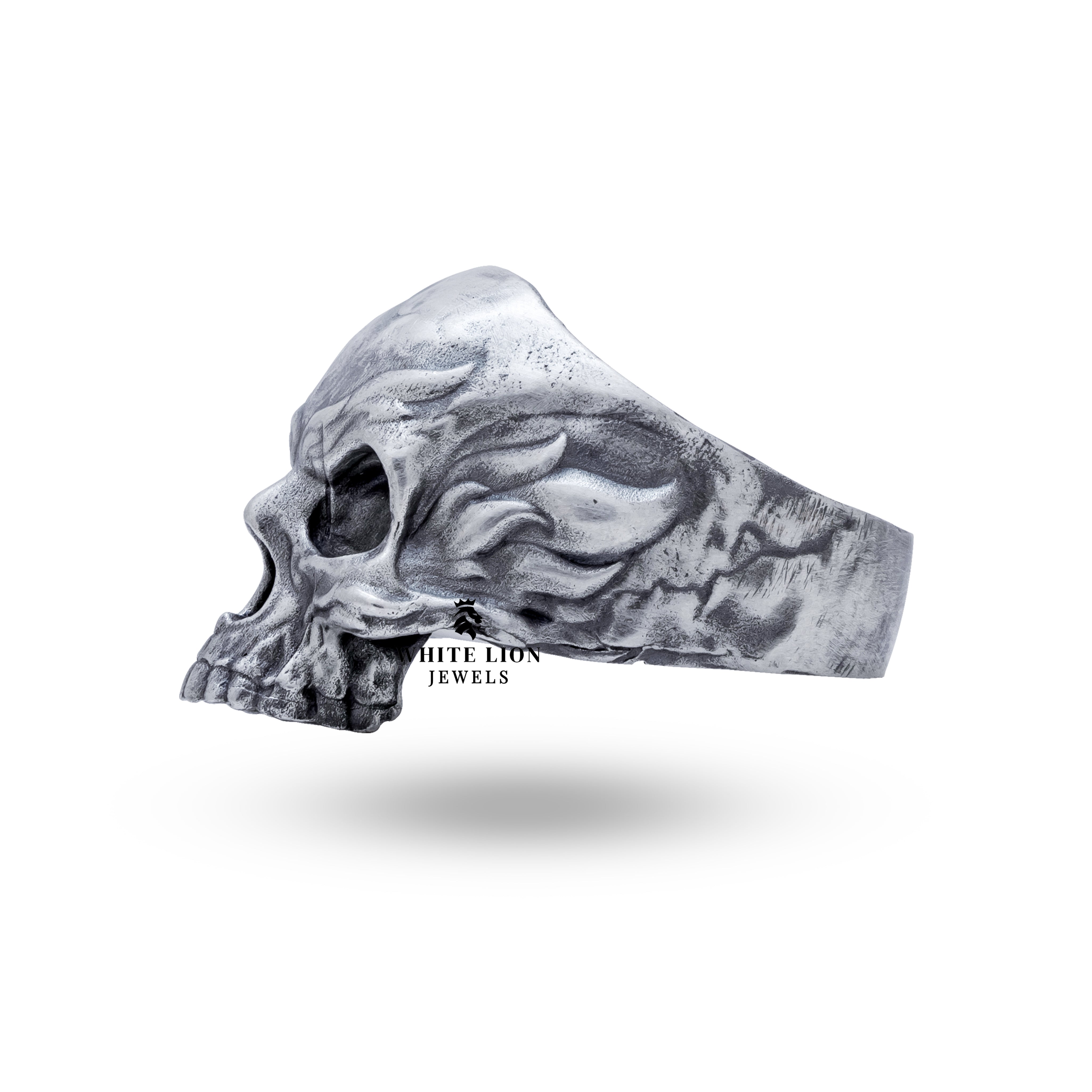 Flames Skull 925 Sterling Silver ring worn on hand, showcasing its bold look