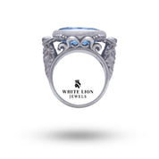 Close-up of the synthetic stone and detailing on Poseidon God 925 Sterling Silver Ring.