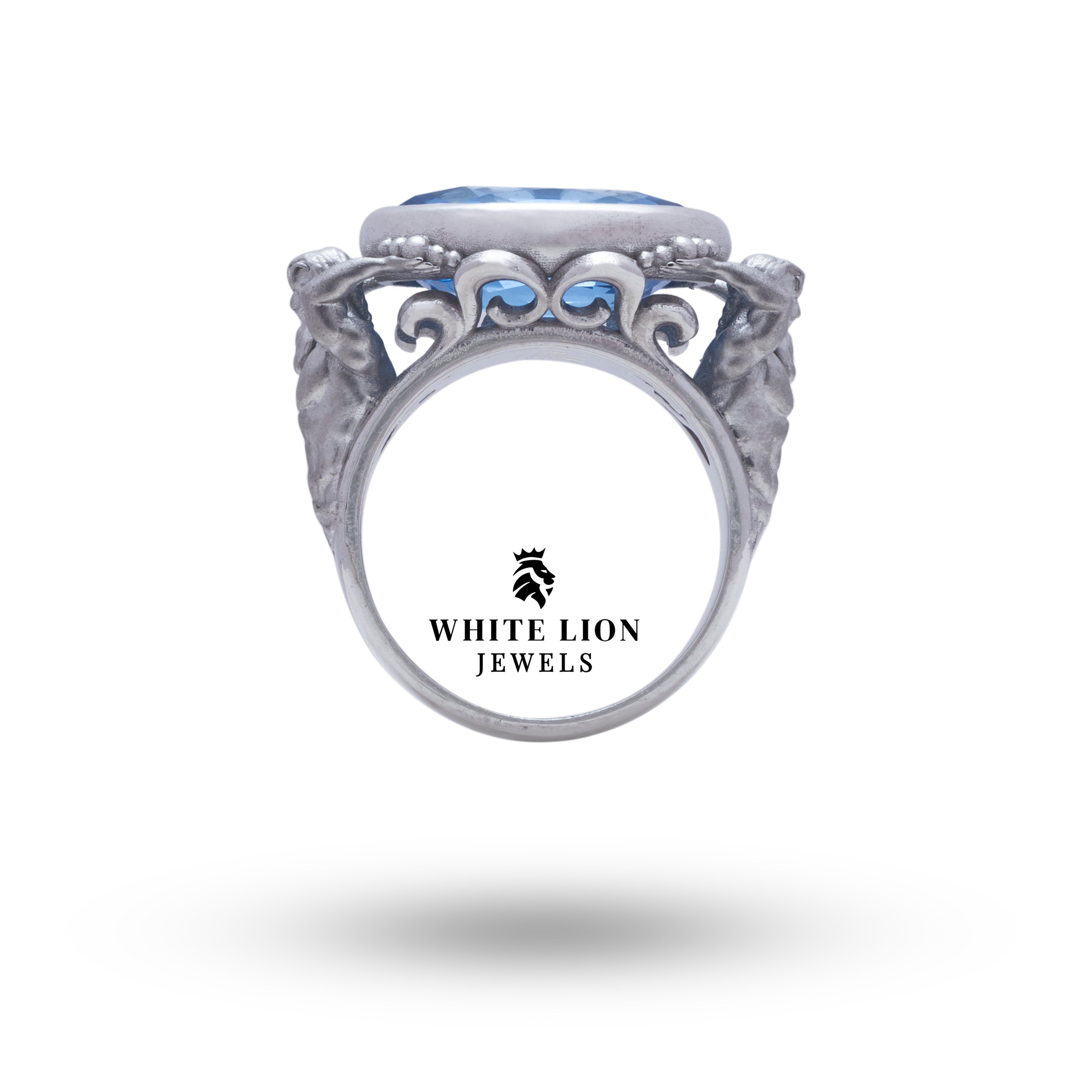 Close-up of the synthetic stone and detailing on Poseidon God 925 Sterling Silver Ring.