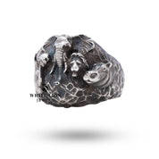 Close-up of Jungle Safari Animals 925 Sterling Silver Ring showcasing oxidized finish and detail.