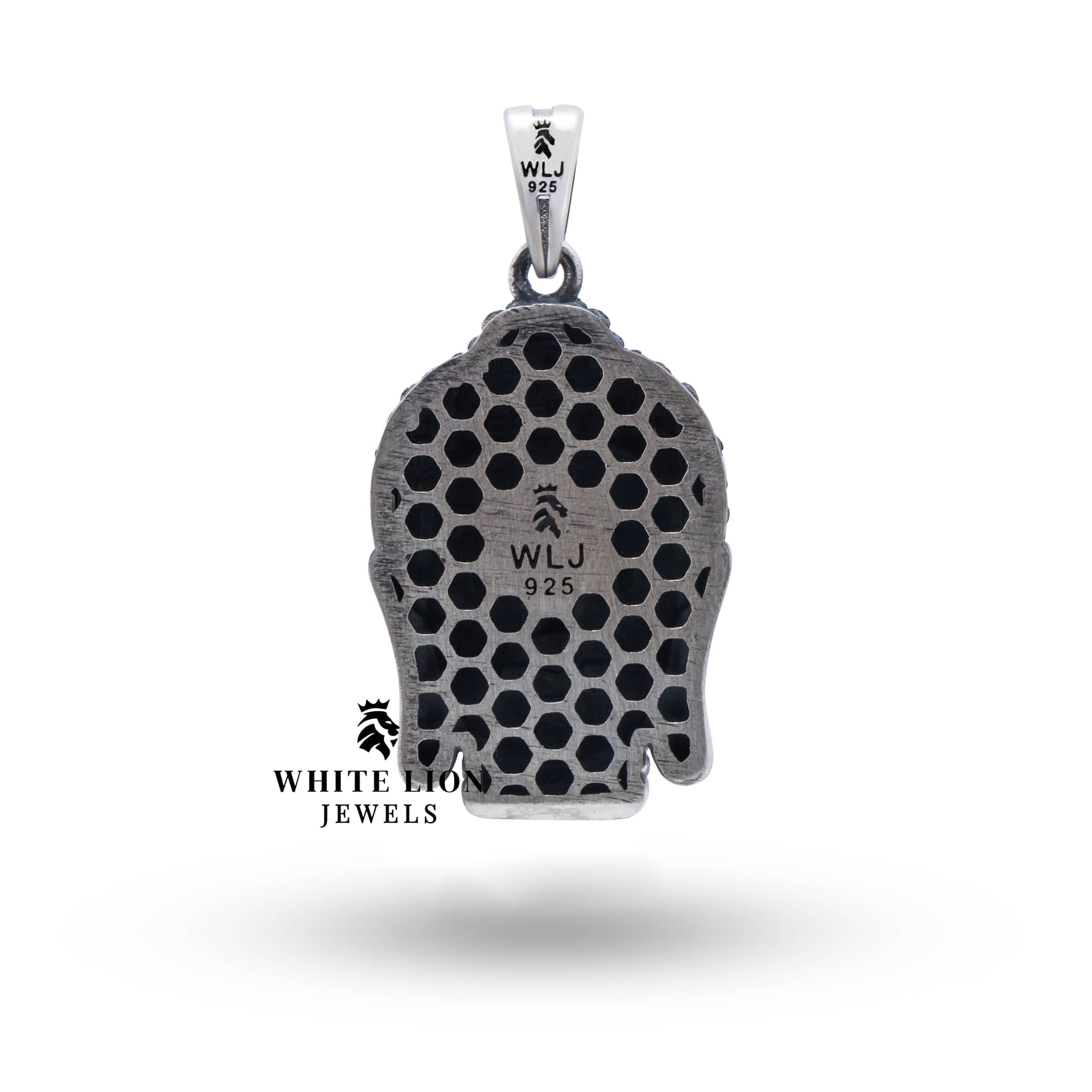 Gautam Buddha Head 925 Sterling Silver Pendant in branded White Lion Jewels box, emphasizing luxury gifting.