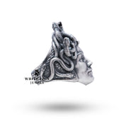 Lifestyle shot of the Medusa 925 Sterling Silver Ring, paired with elegant eveningwear.