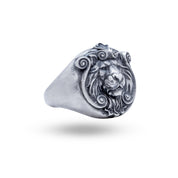 Antique Style African Lion 925 Sterling Silver Ring in oxidized finish front view, handcrafted with intricate details, luxury jewelry