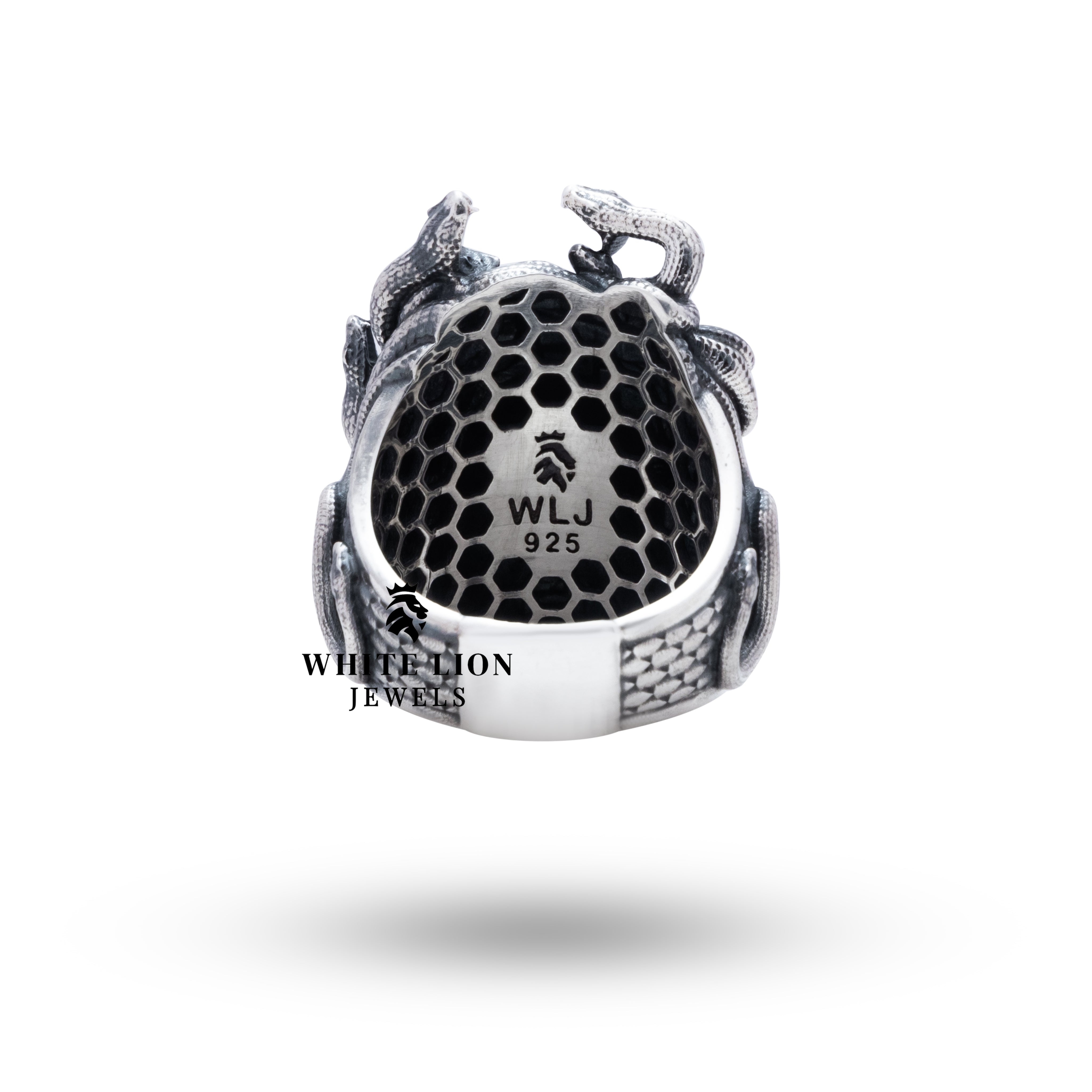 Medusa 925 Sterling Silver Ring beautifully displayed in White Lion Jewels' signature packaging.