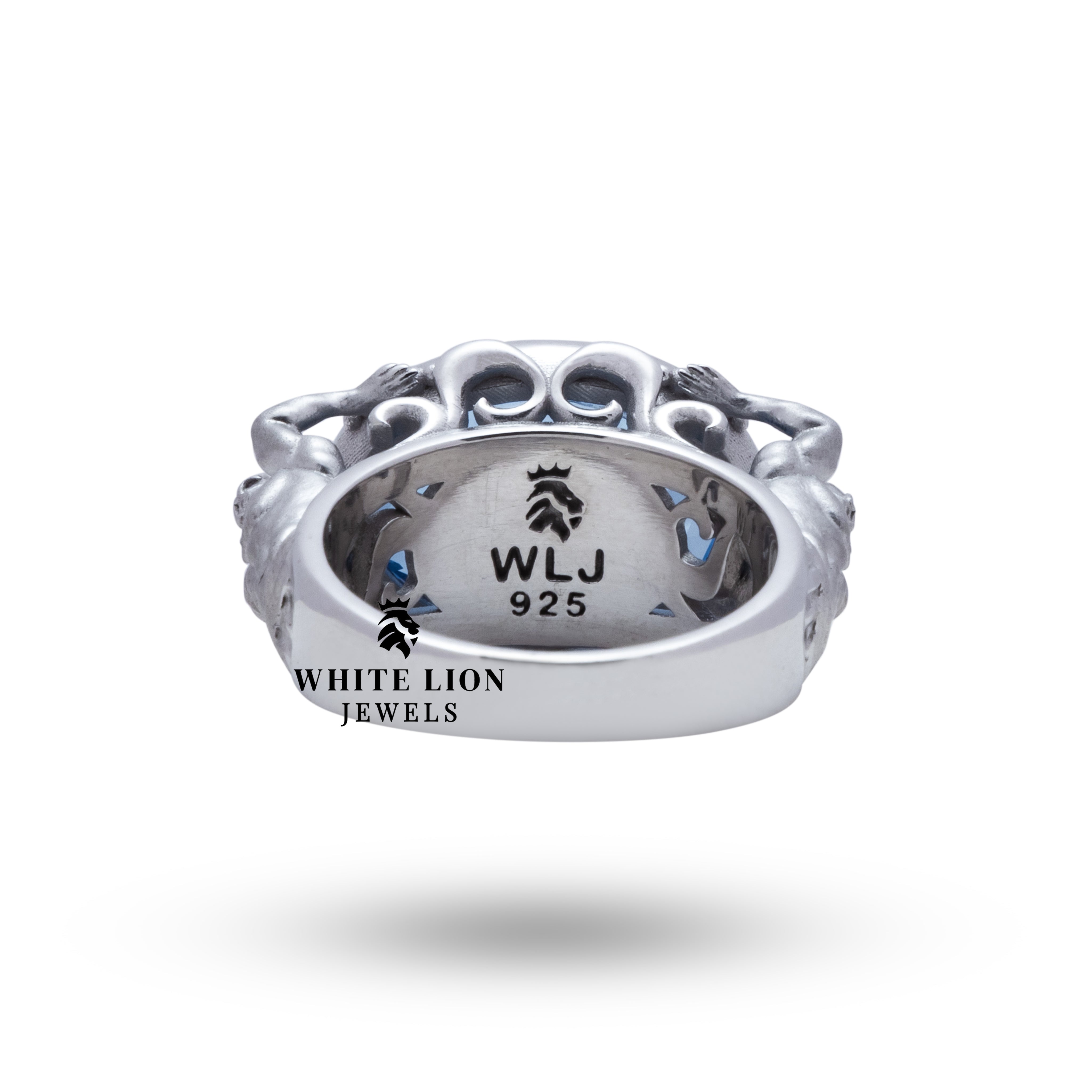 Poseidon God 925 Sterling Silver Ring showcased on a finger with navy suit.