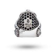 Packaged view of the Kali Skulls Gothic 925 Sterling Silver Ring, presented in White Lion Jewels' luxury jewelry box.