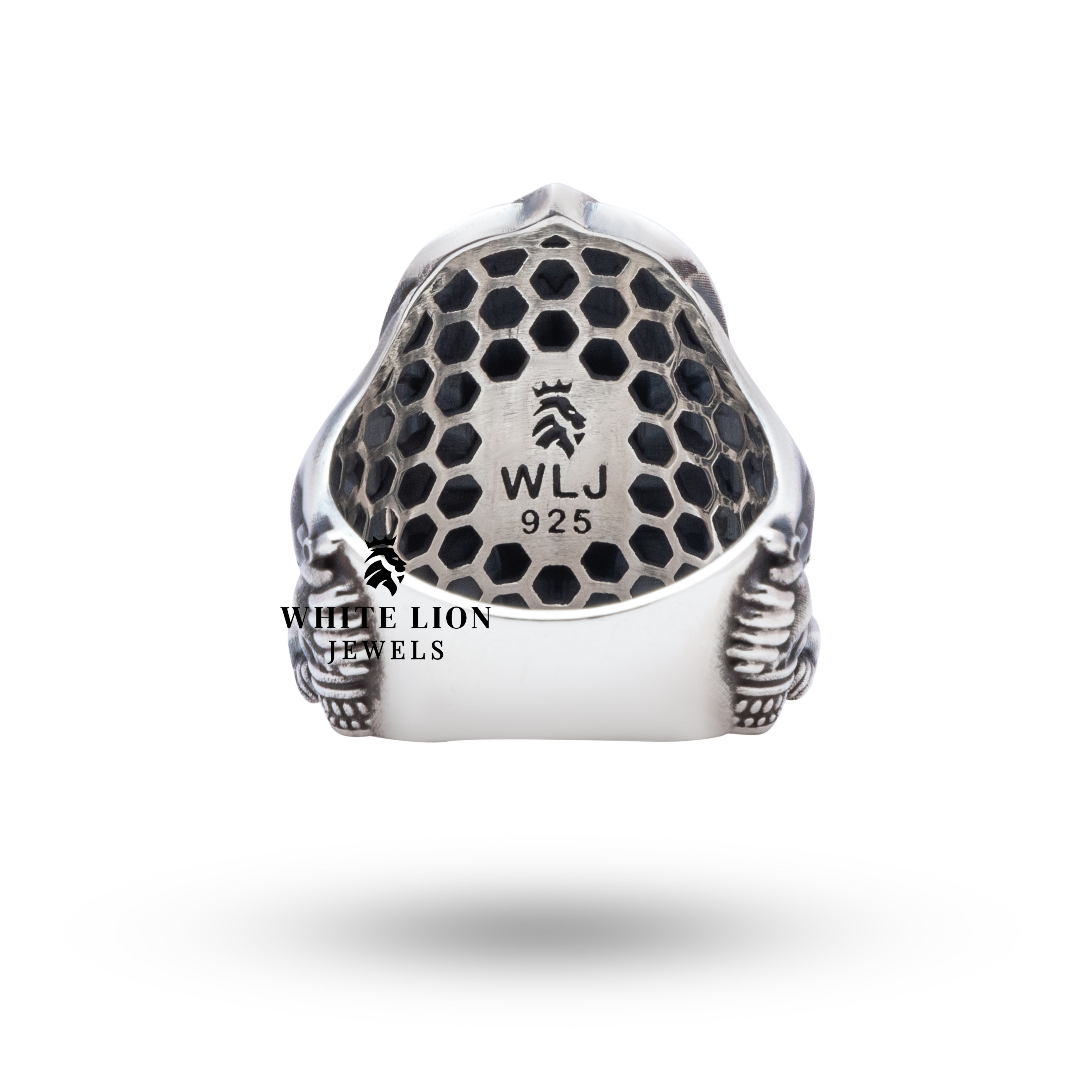 Packaged view of the Kali Skulls Gothic 925 Sterling Silver Ring, presented in White Lion Jewels' luxury jewelry box.