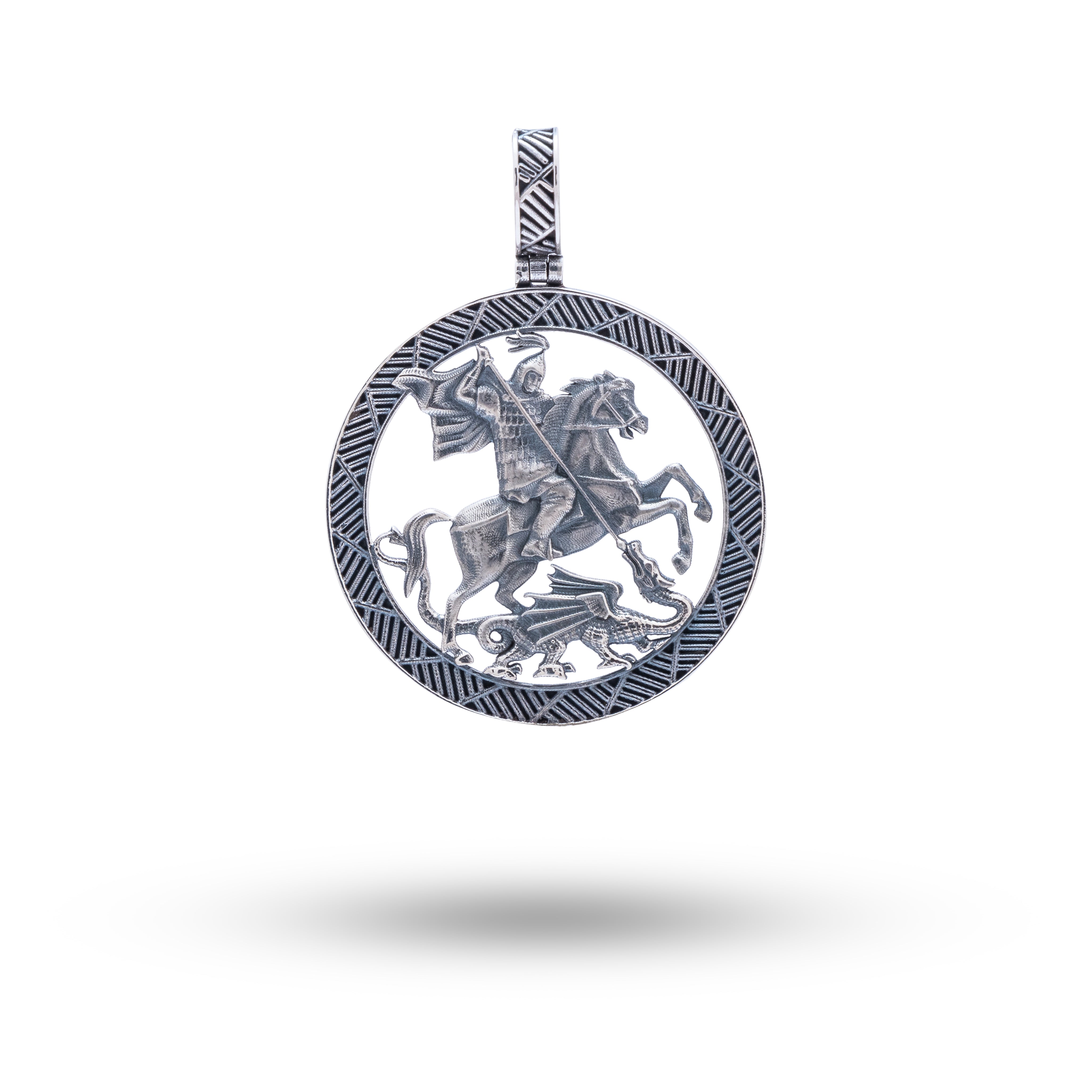 Front view of St George 925 Sterling Silver Pendant with oxidized finish and intricate detailing.