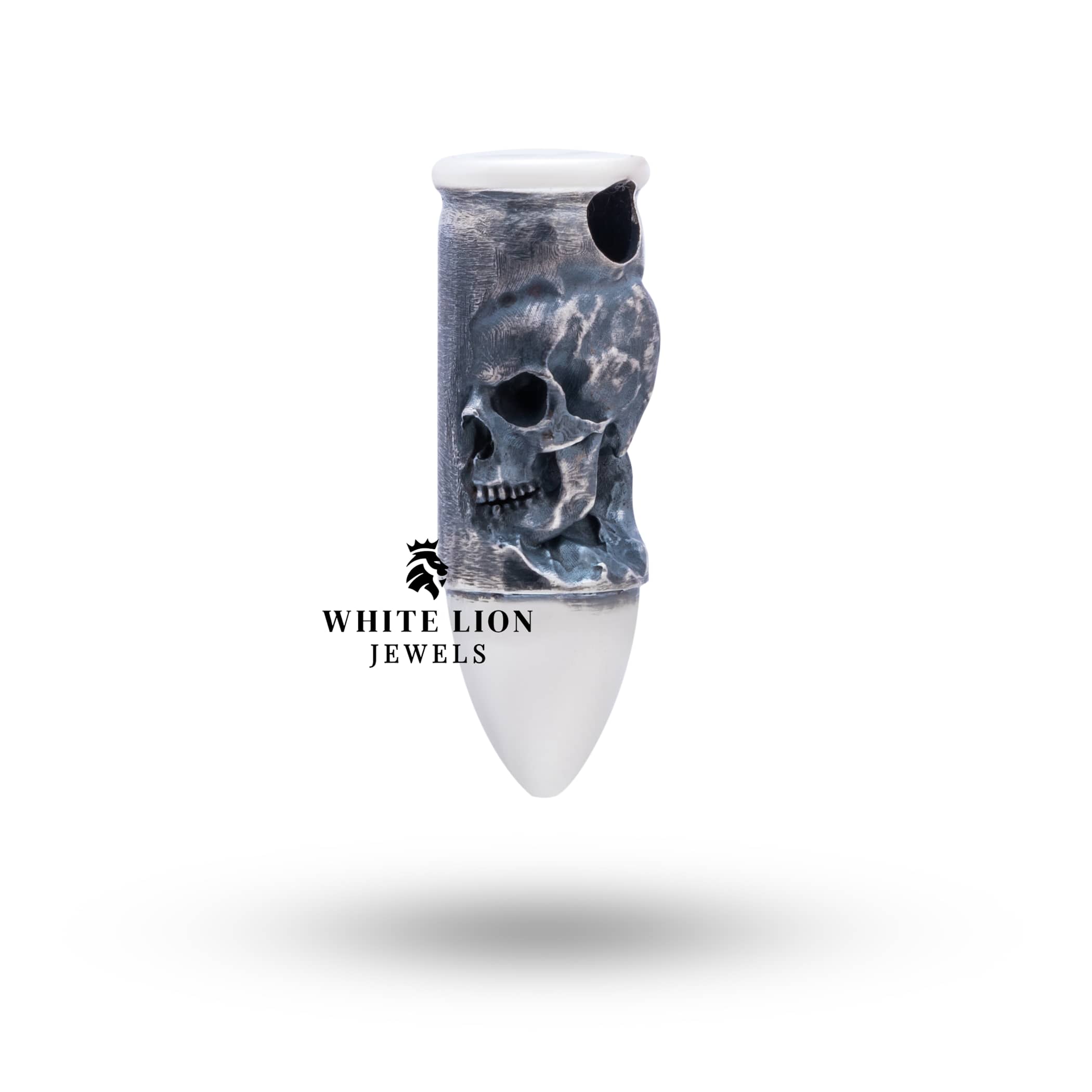 Side angle of sterling silver Gothic Skull pendant showing intricate detailing and craftsmanship.