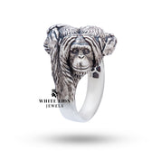 Handcrafted Wise Monkeys Ring with artisan finish in oxidized silver.