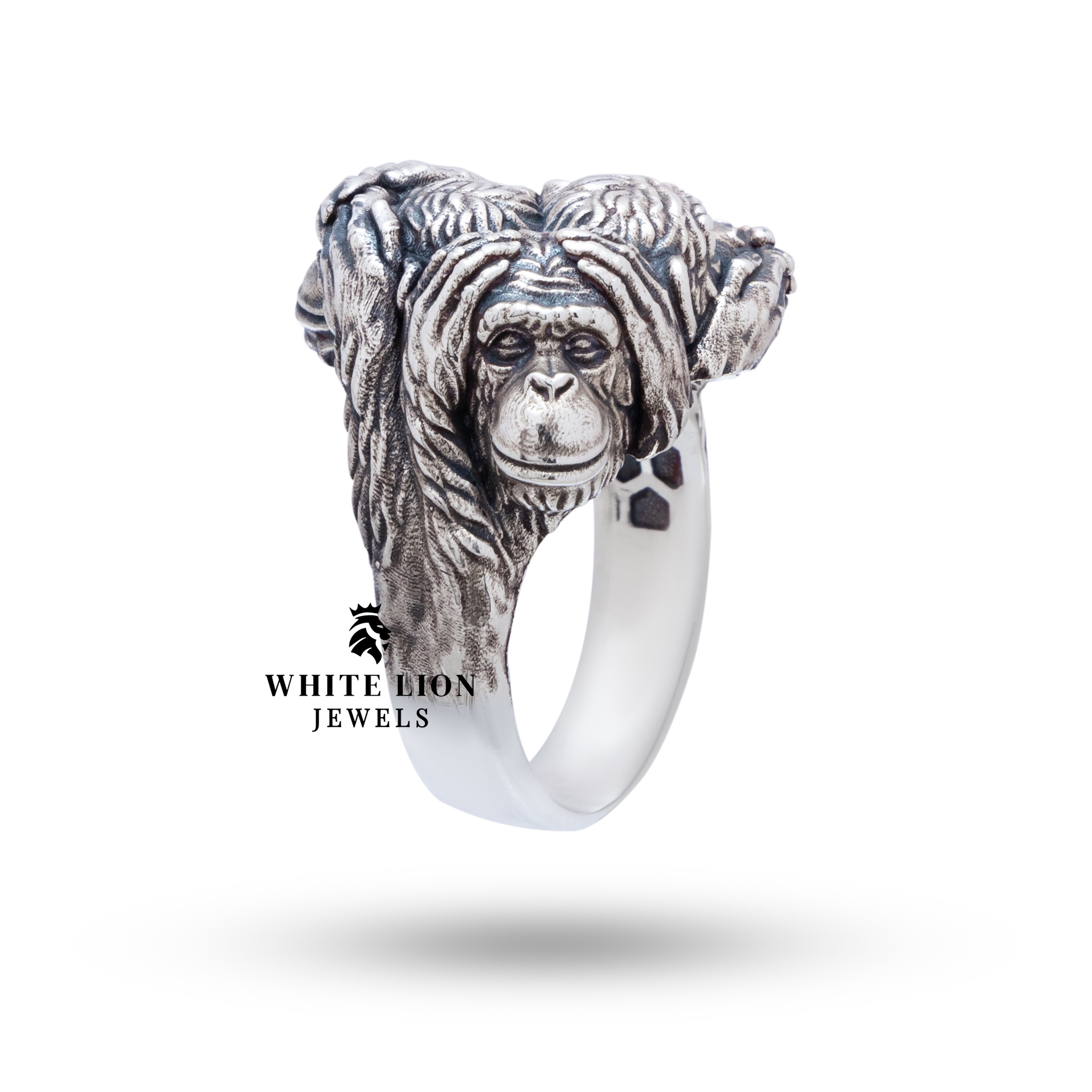 Handcrafted Wise Monkeys Ring with artisan finish in oxidized silver.